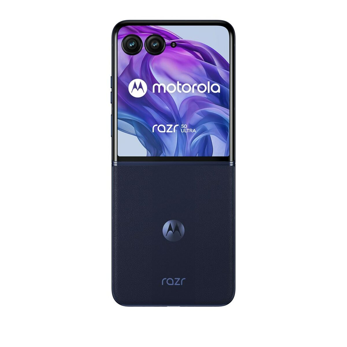 Teléfono plegable. Teléfono azul oscuro con cámaras duales y el logotipo de Motorola. Pantalla negra.