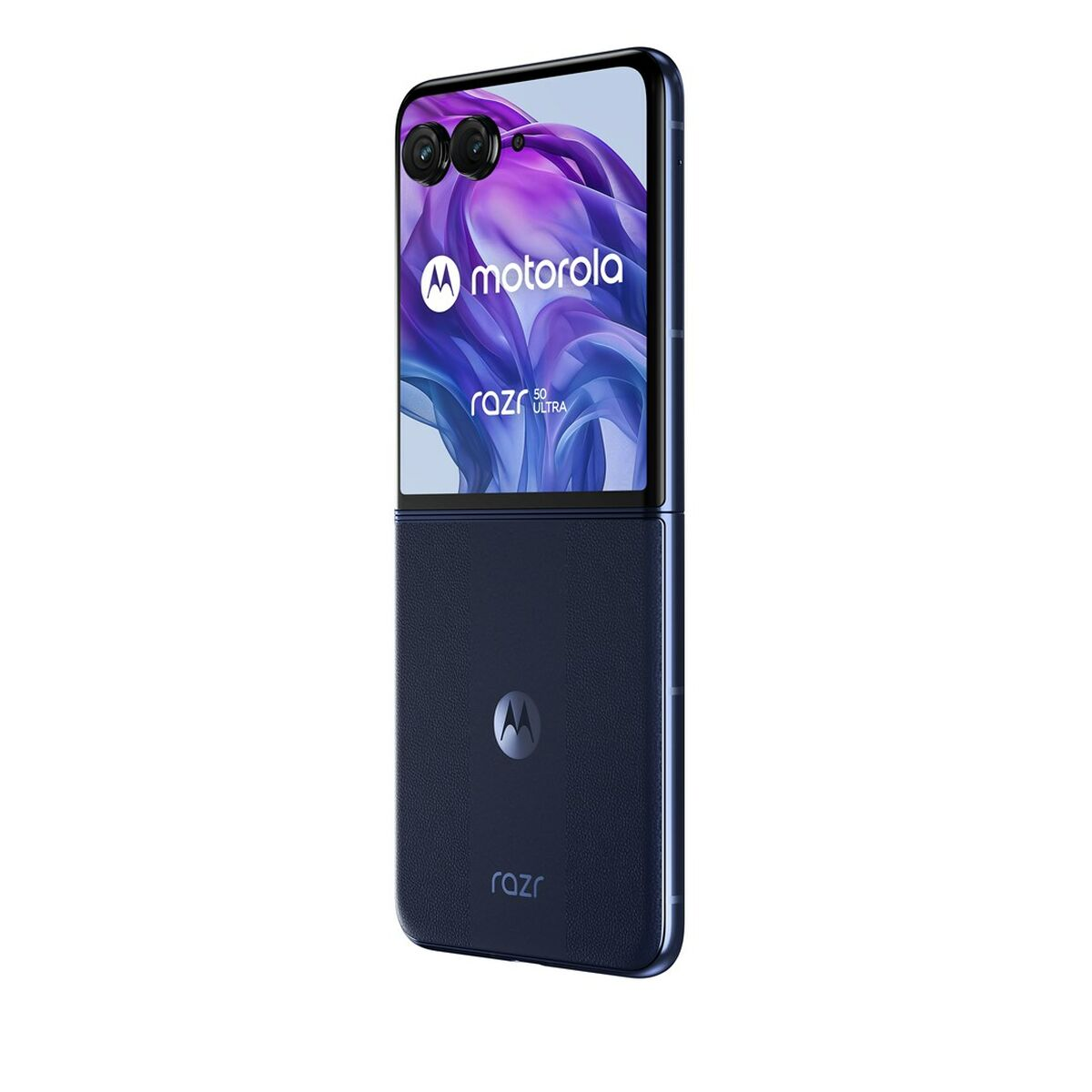 Un teléfono Motorola Razr 5G Ultra azul plegado.