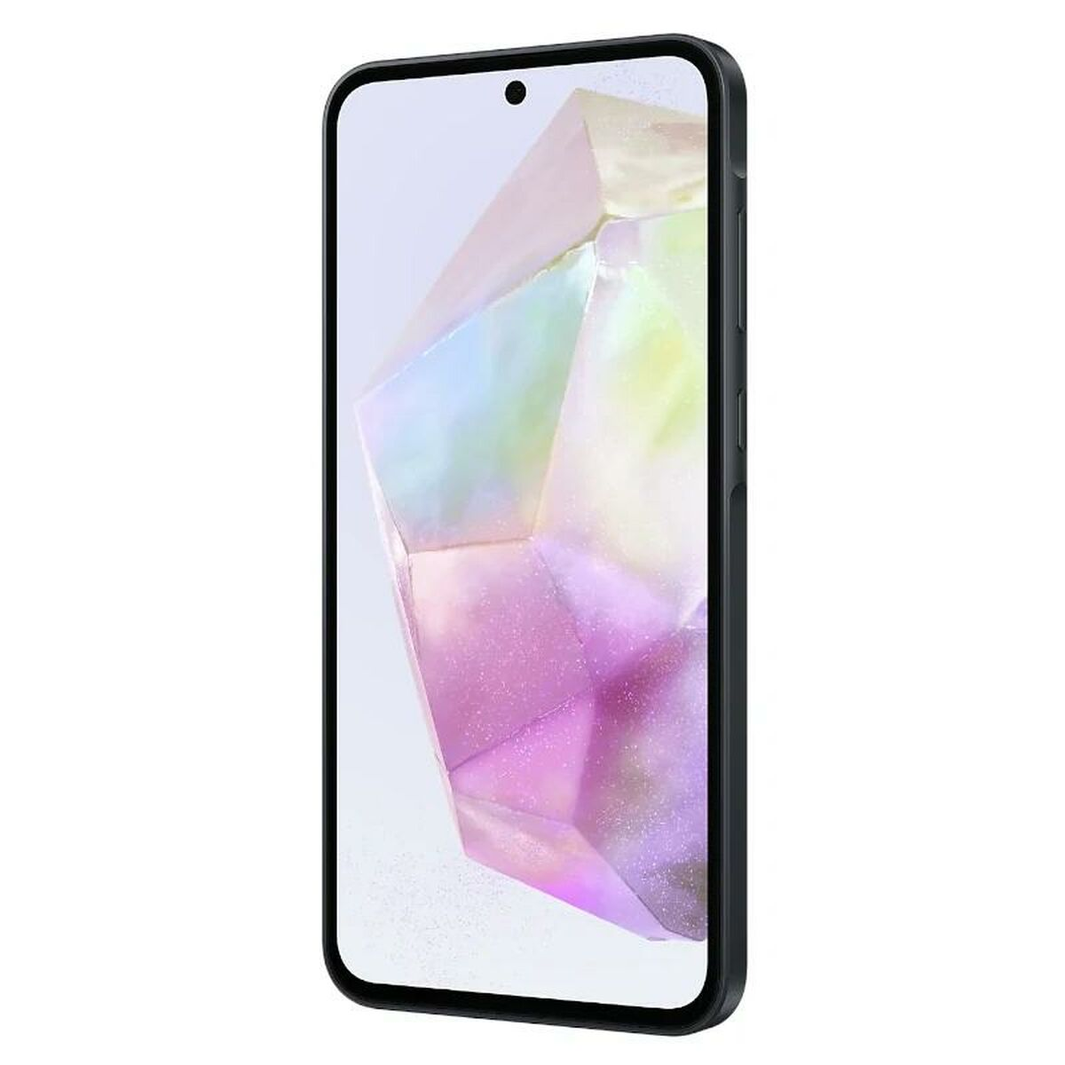 Smartphone. Schwarzer Rahmen, Bildschirm zeigt farbenfrohes kristallartiges Bild. Das Telefon ist schräg, weißer Hintergrund.
