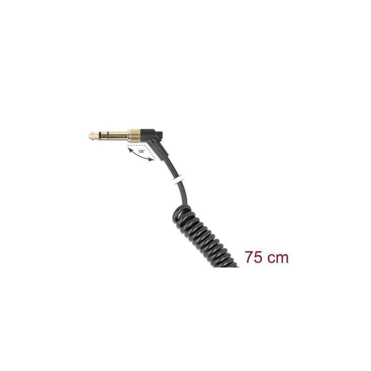 Jack per cuffie ad angolo nero con cavo a spirale nero. Testo: '75 cm'.