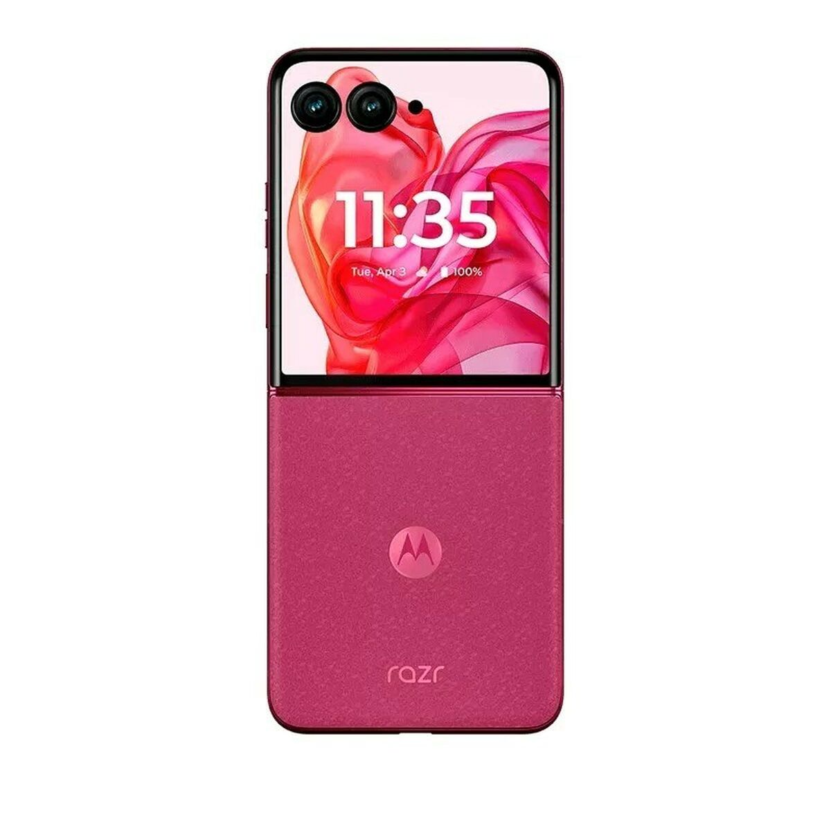 Ein rosa Motorola Razr-Telefon, zusammengeklappt. Der Bildschirm zeigt die Uhrzeit 11:35 und eine Batterieanzeige.