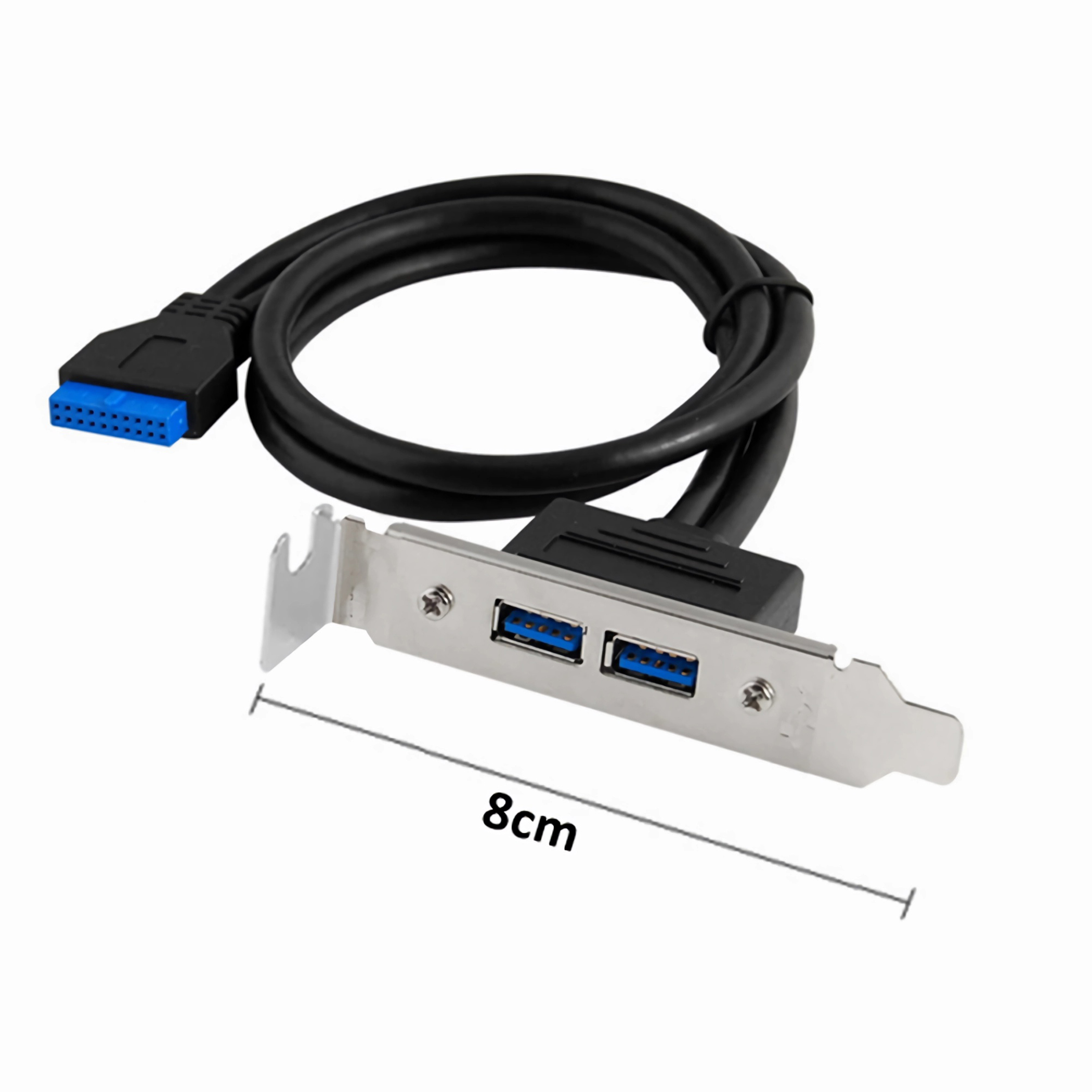 USB 3.0-Port-Erweiterung mit schwarzem Kabel. Die Erweiterung ist silber und hat zwei Ports.