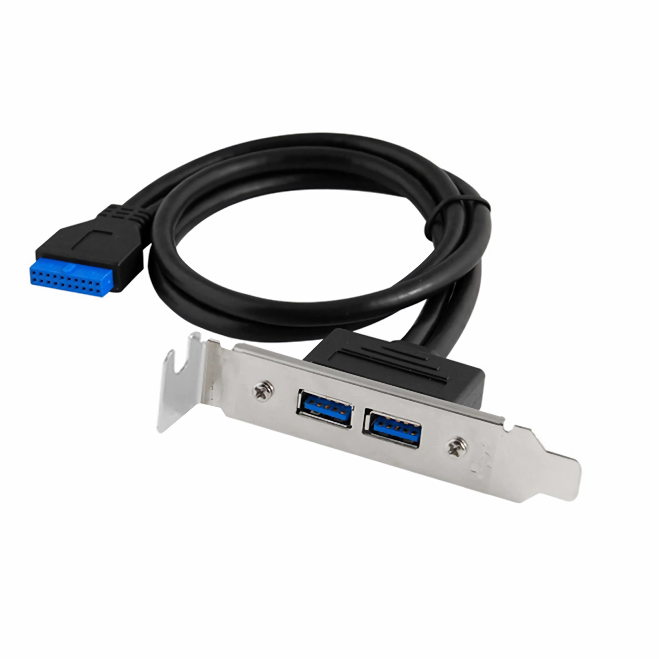 USB 3.0 Frontpanel-Anschlusskabel. Schwarzes Kabel mit blauem Stecker und Metallhalterung mit USB-Anschlüssen.