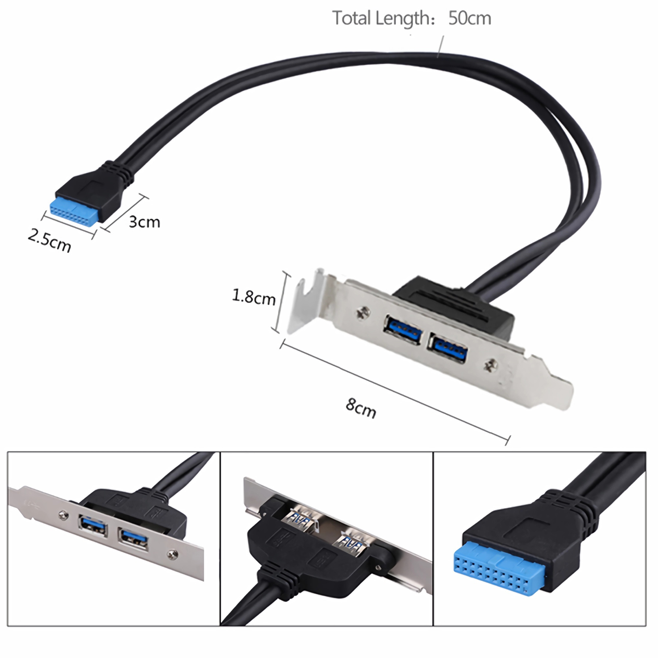 USB-Kabel mit zwei USB-Anschlüssen und Maßangaben, sowie drei Nahaufnahmen.