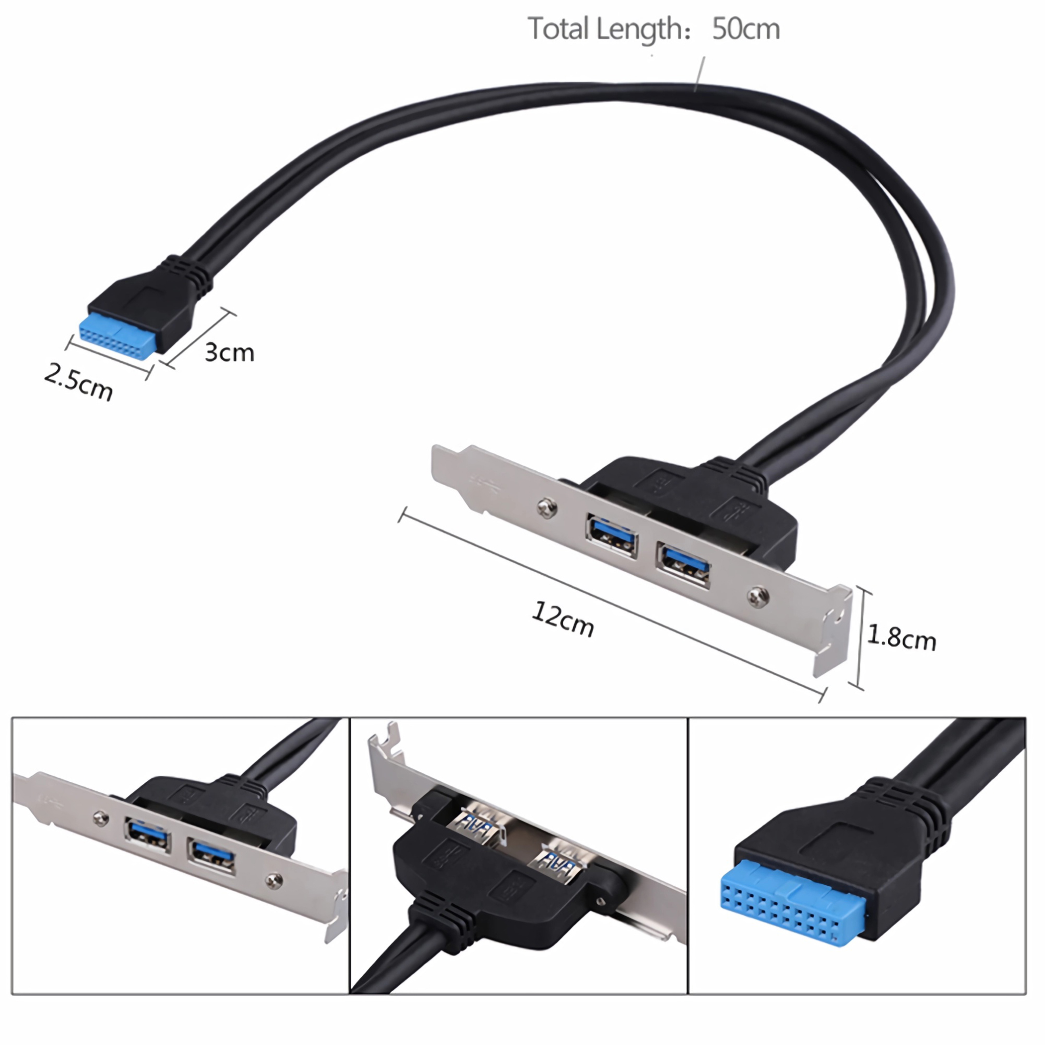 USB 3.0 Verlängerungskabel mit Steckern. Maße angegeben.