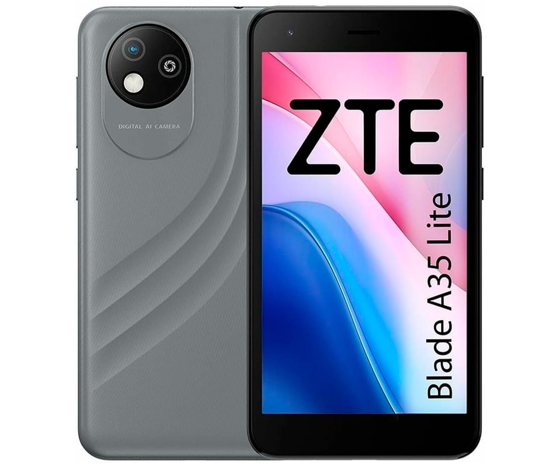 Telefono ZTE grigio, due fotocamere sul retro. Schermo nero frontale con testo ZTE e Blade A35 Lite.