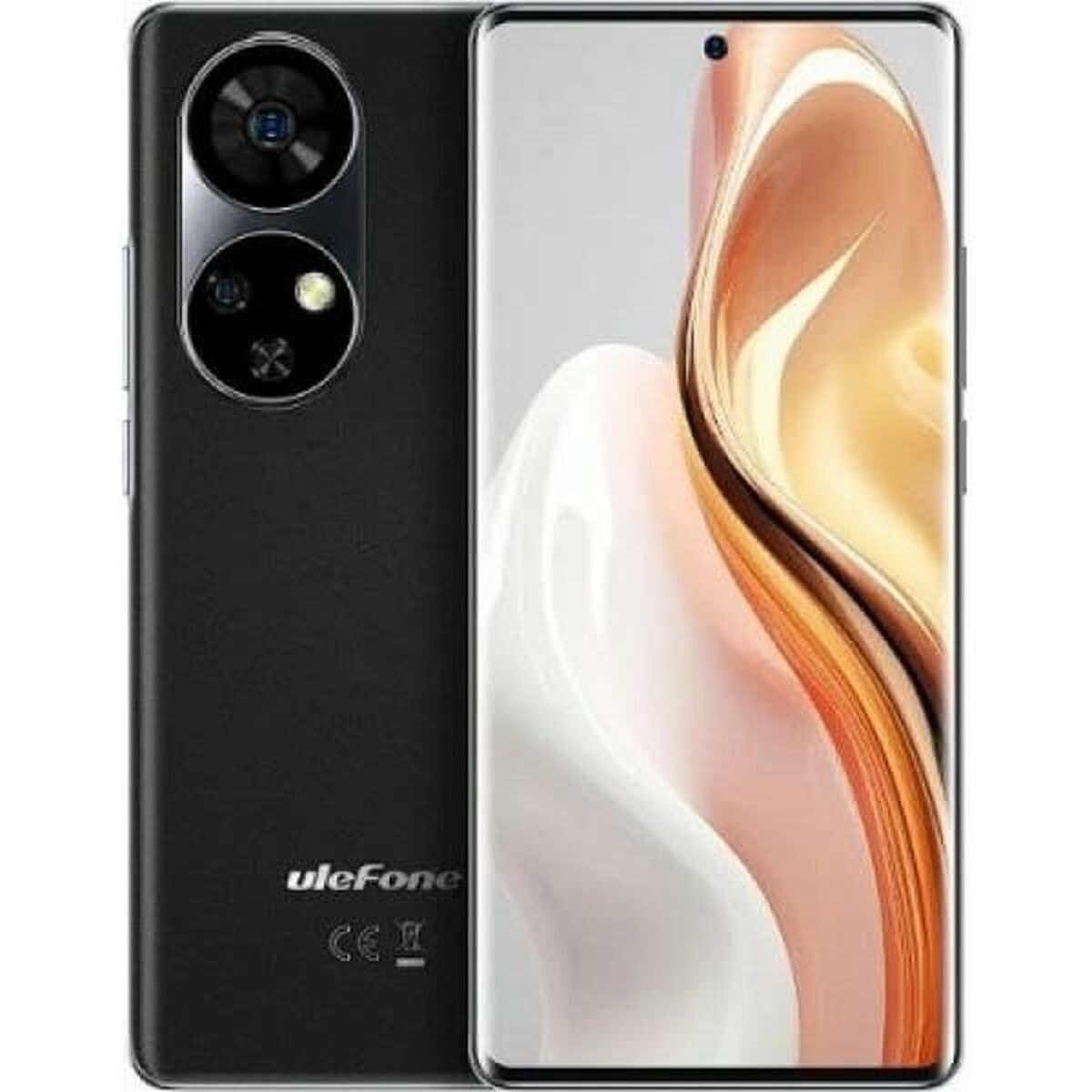 Smartphone nero con retro sfumato oro, che mostra il rilievo della fotocamera, su sfondo bianco.