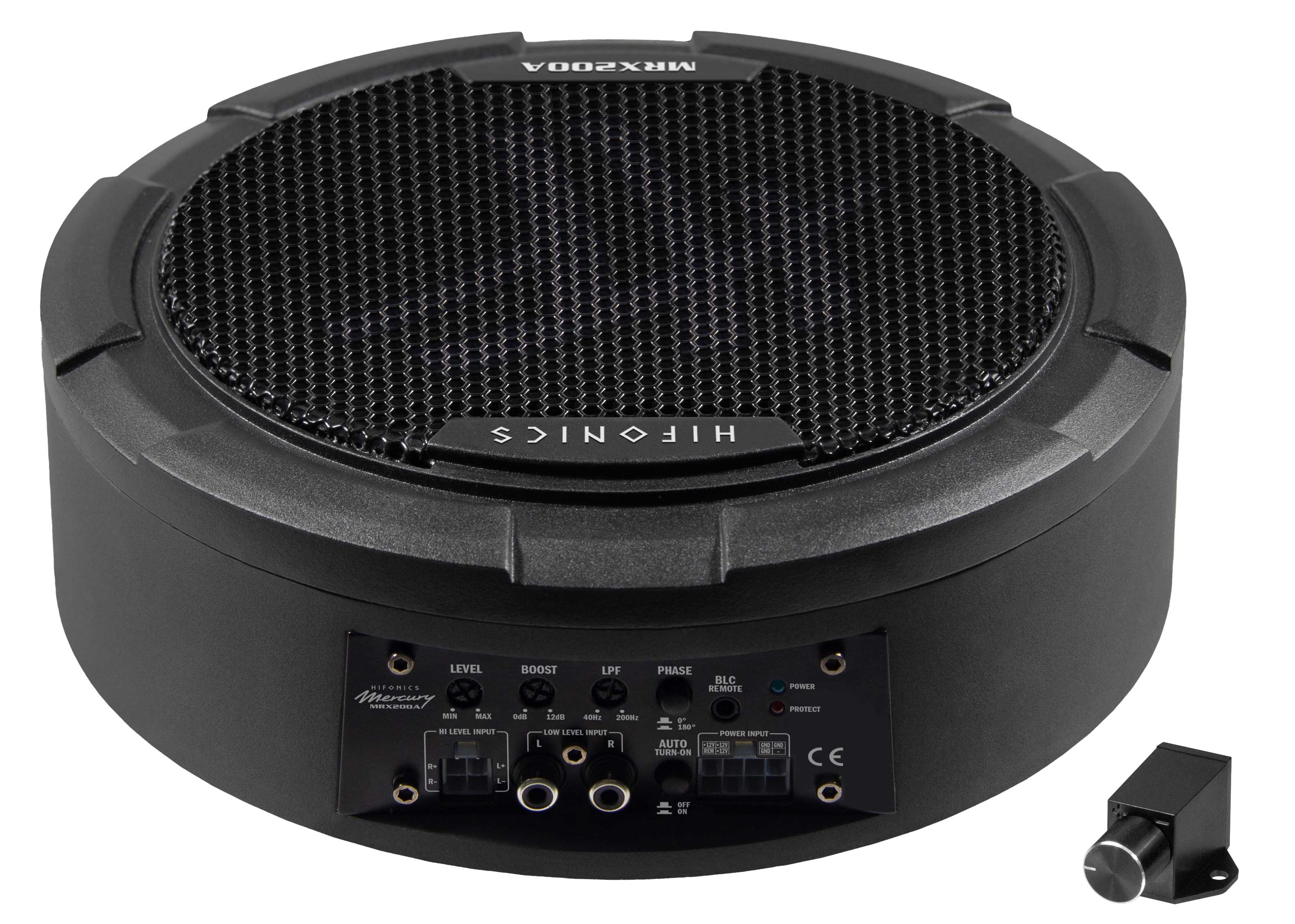 Schwarzer Auto-Subwoofer. Mercury, Hifonics Logo sichtbar. Bedienelemente und Anschlüsse gezeigt.