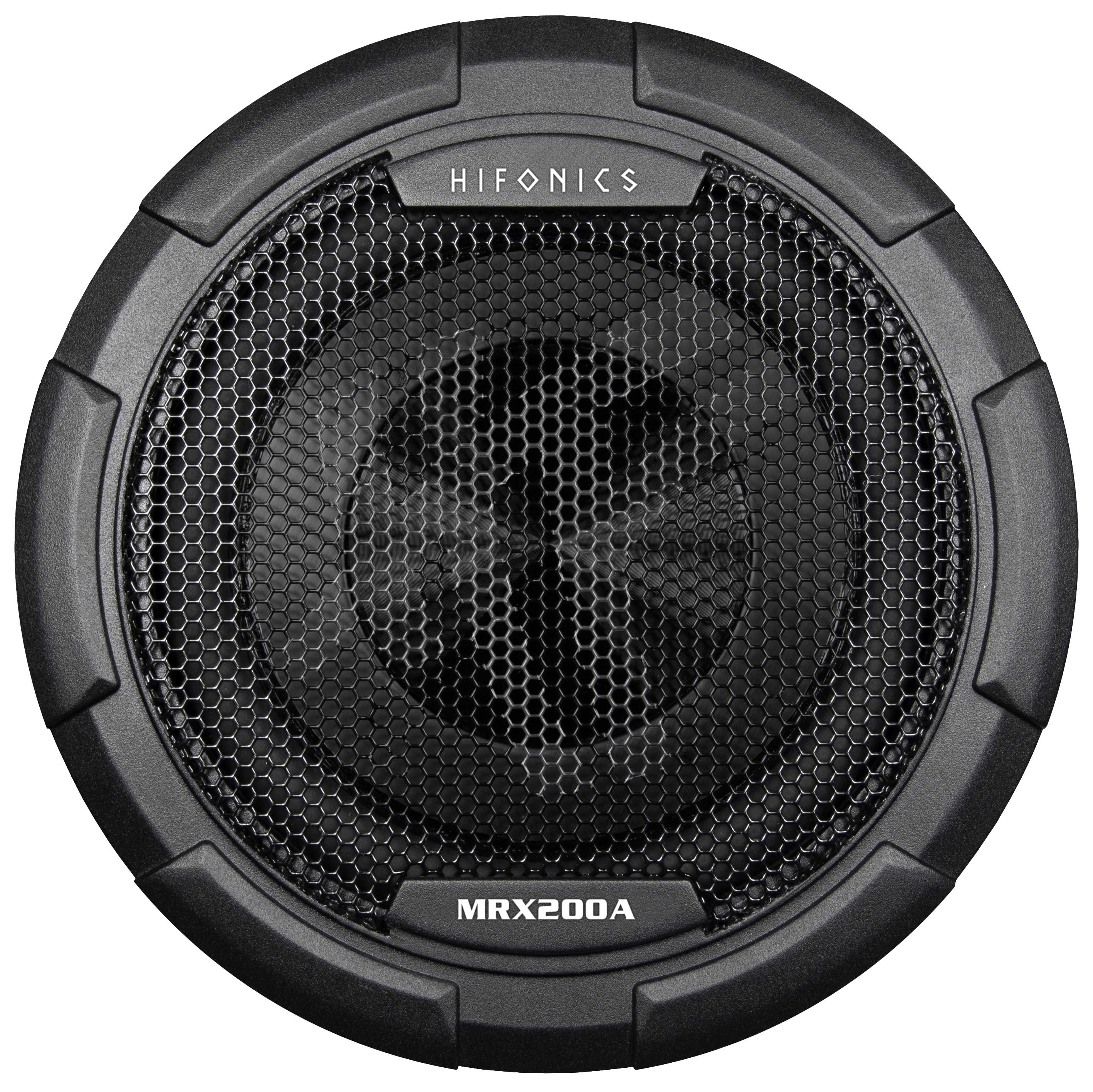 Schwarzer Subwoofer mit Mesh-Front und schwarzem Rand. Der Text 'HIFONICS' und 'MRX200A' sind sichtbar.