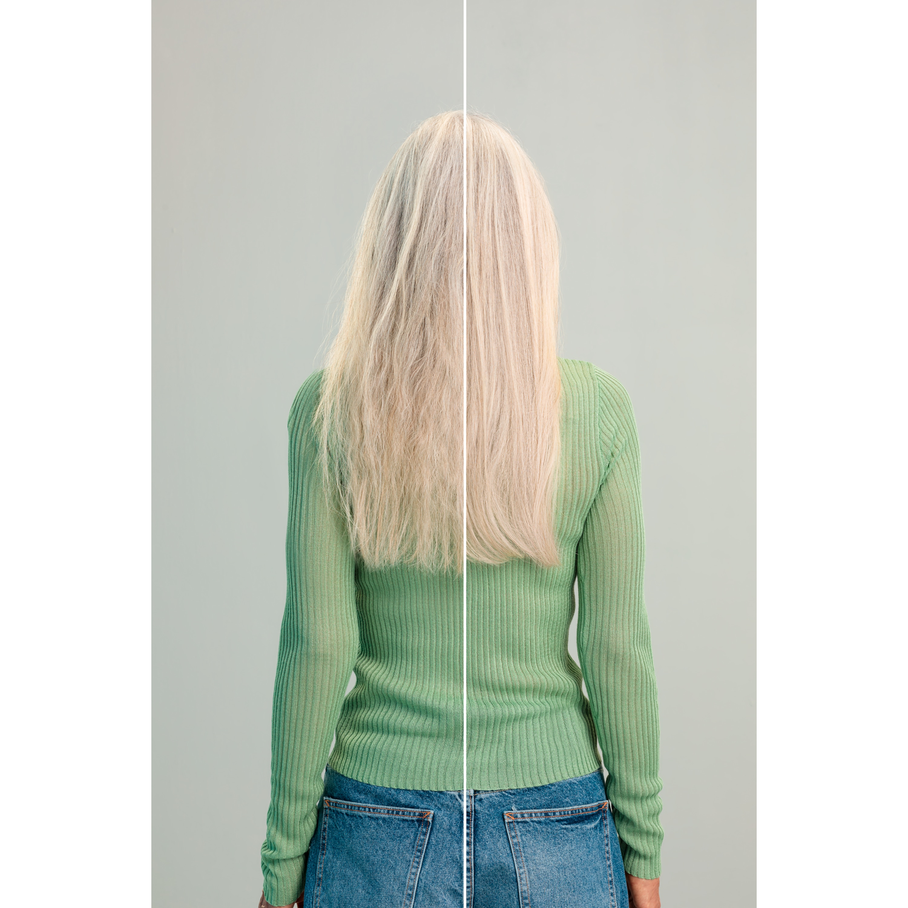 Plecy kobiety z długimi blond włosami. Lewa strona uszkodzona, prawa zdrowa.