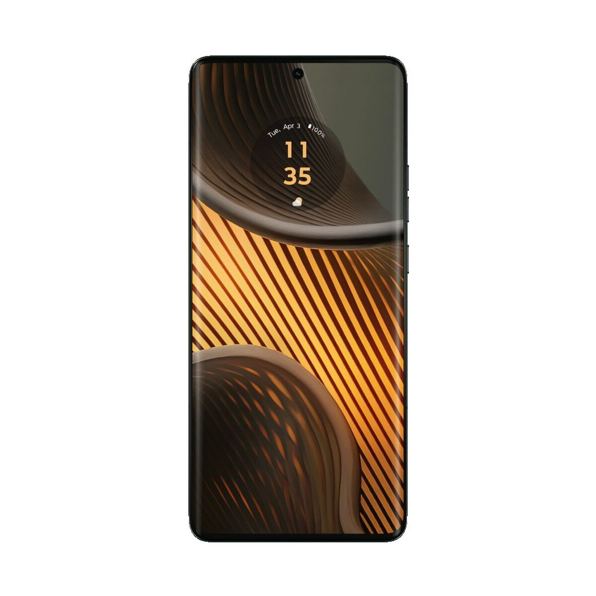 Ein schwarzes Smartphone zeigt eine Uhr und einen goldenen abstrakten Hintergrund.