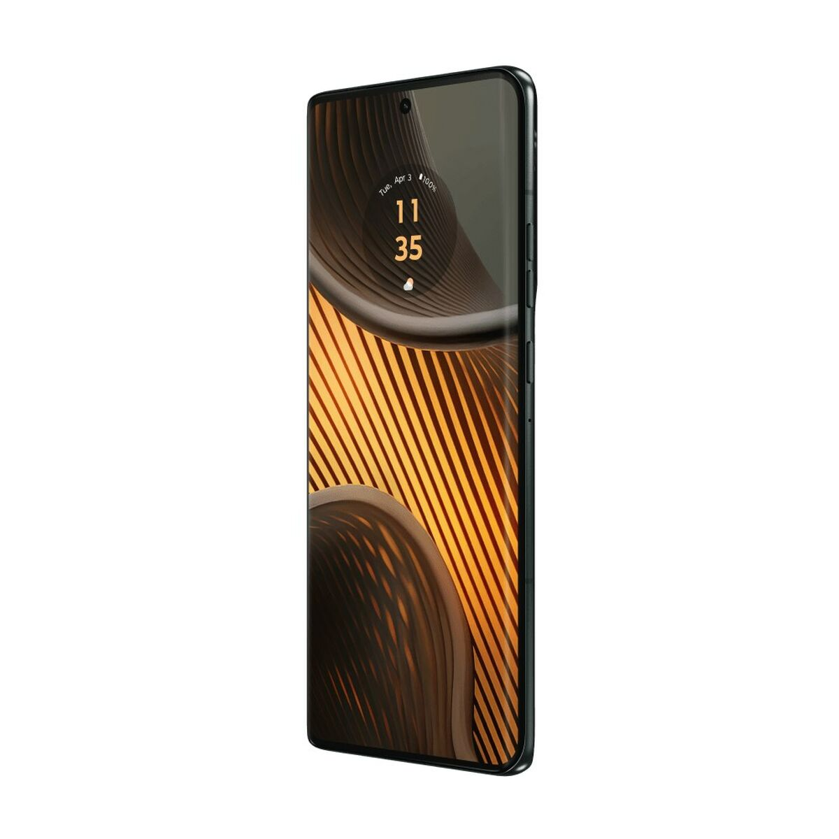 Grünes Smartphone zeigt Uhrzeit und Akkustand. Schwarzer Rahmen.