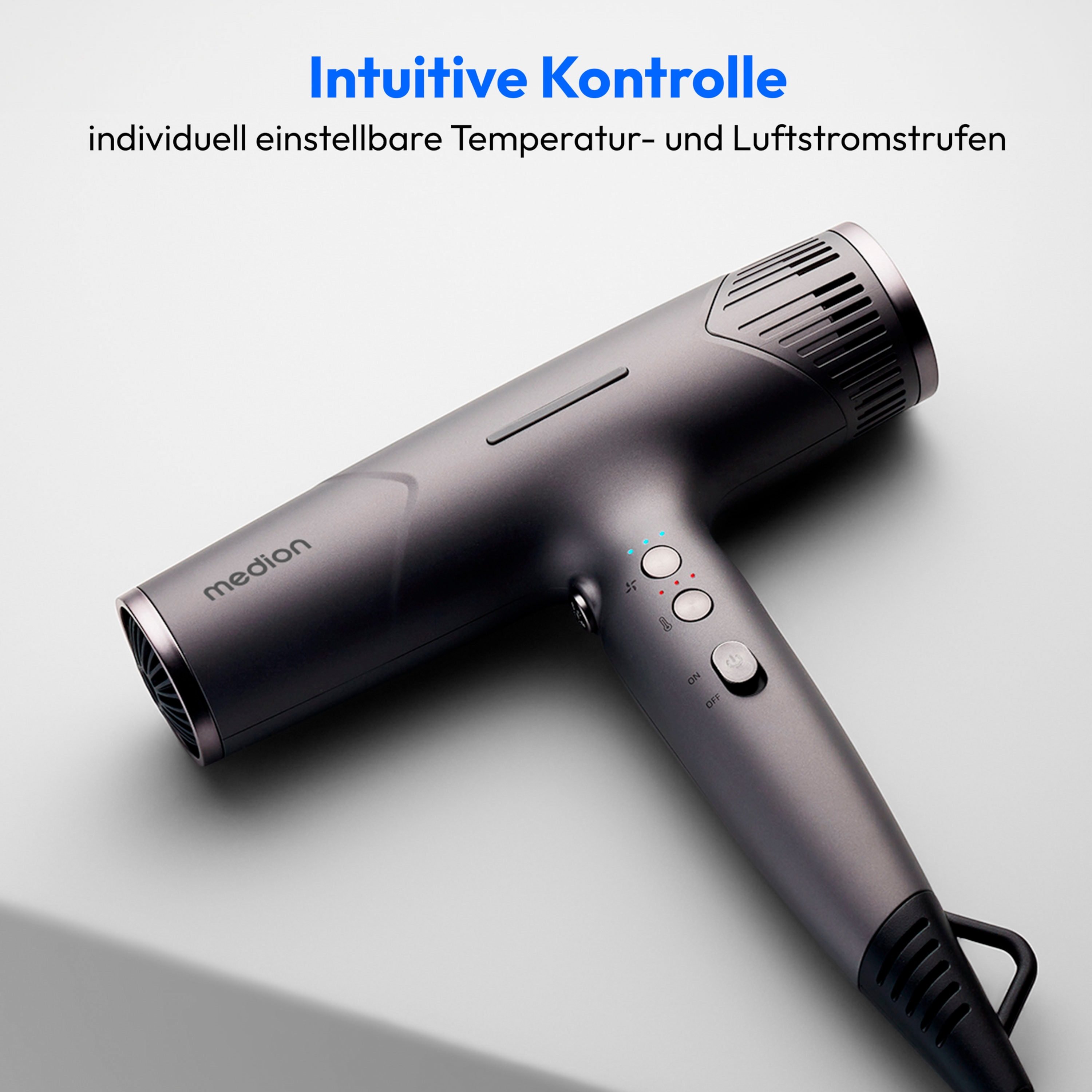 Szara suszarka do włosów z niebieskimi i czerwonymi przyciskami. Tekst: Intuicyjna kontrola.