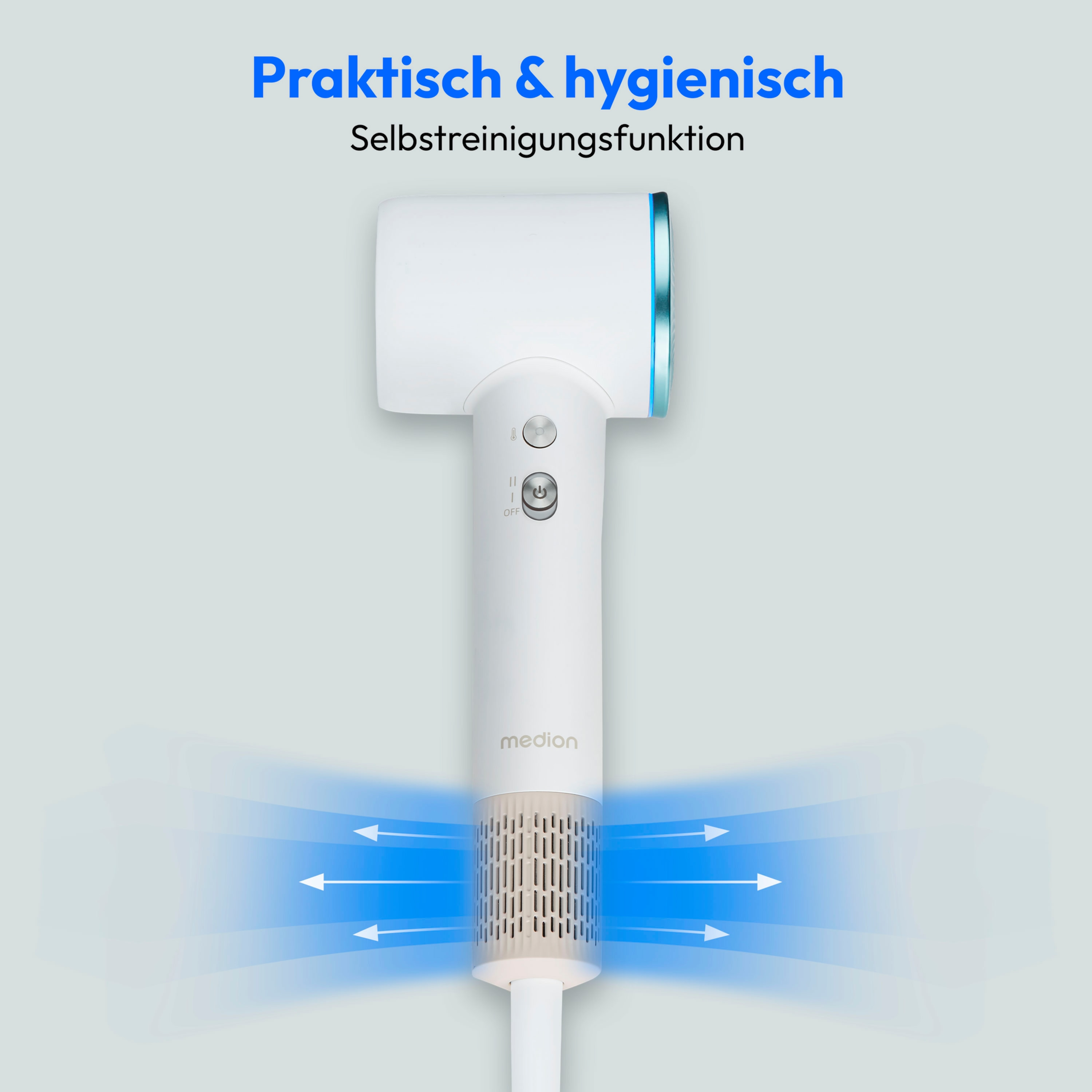 Biała suszarka do włosów z niebieskim akcentem i uchwytem z przyciskami. Tekst brzmi: 'Praktisch & hygienisch'.