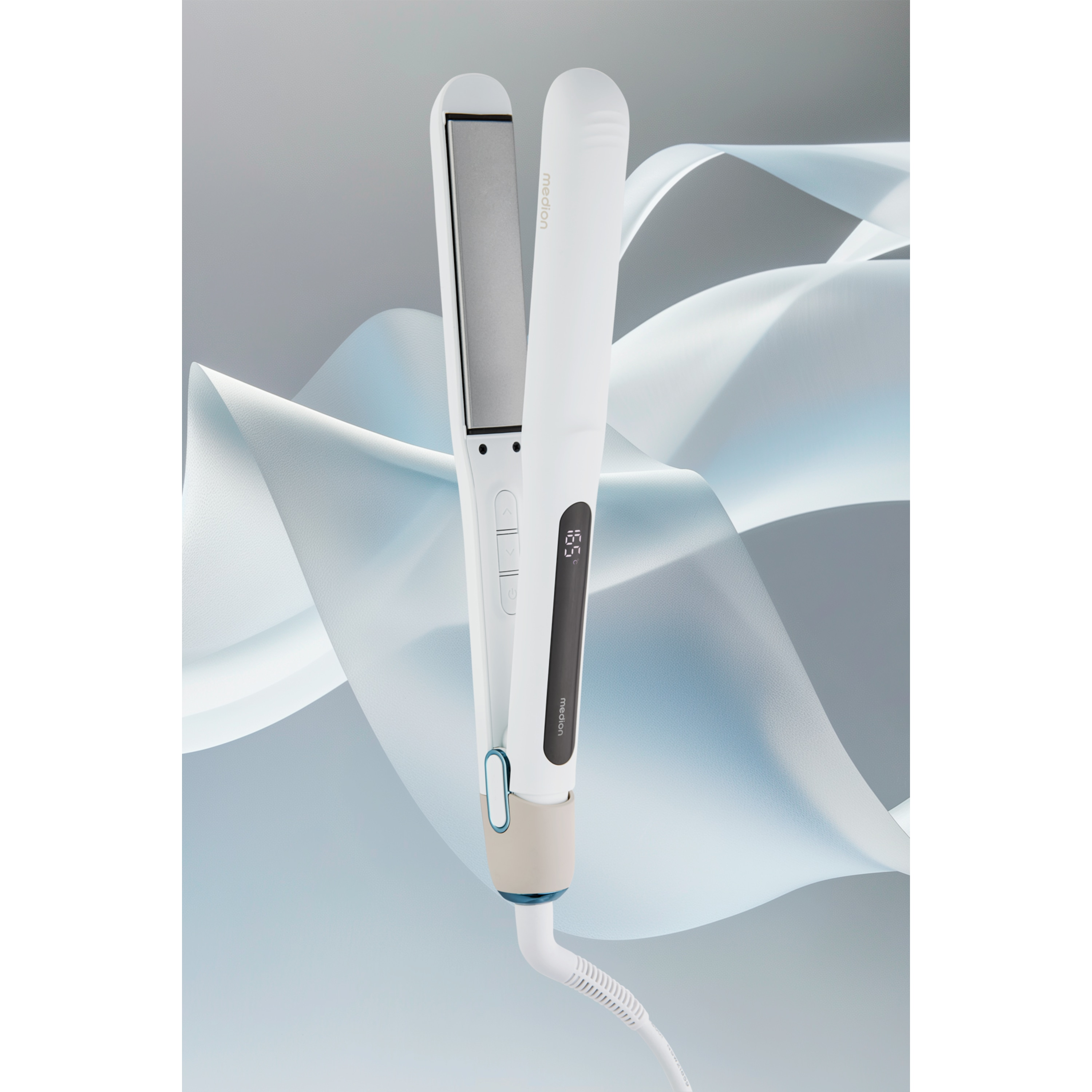 Otwarta biała prostownica do włosów. Ekran pokazuje odczyt temperatury.