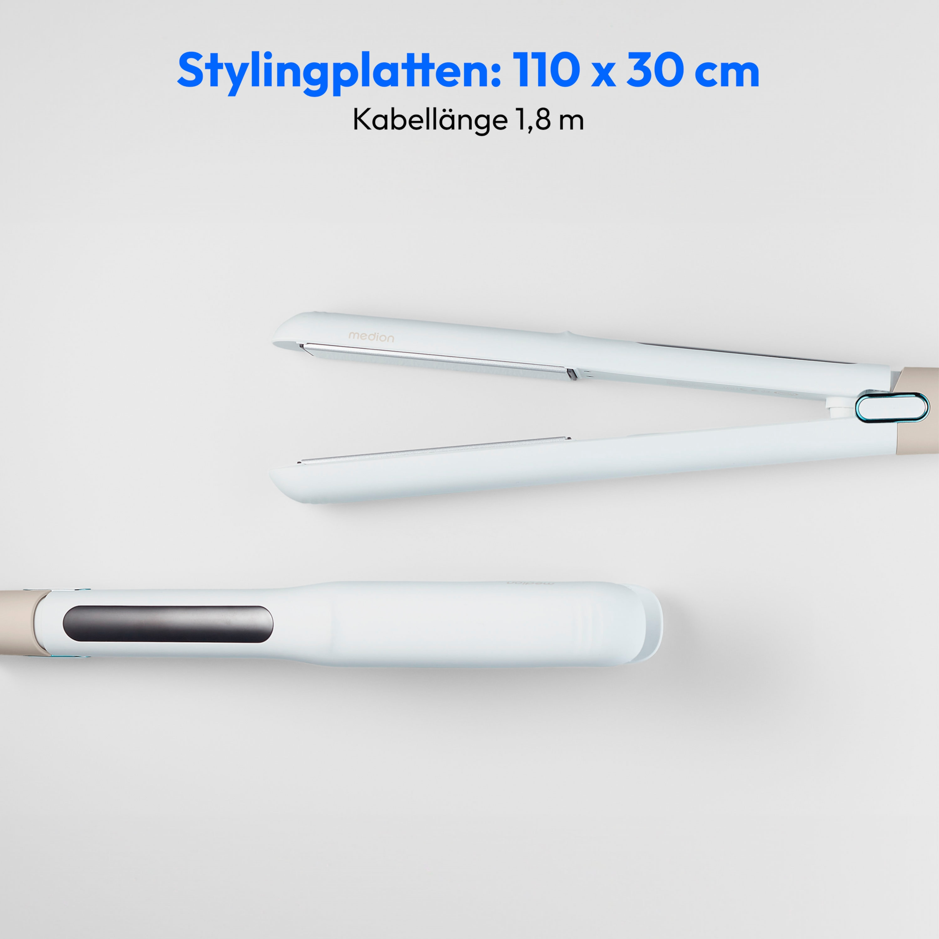 Dwie biało-beżowe prostownice do włosów. Tekst na górze opisuje rozmiar produktu.