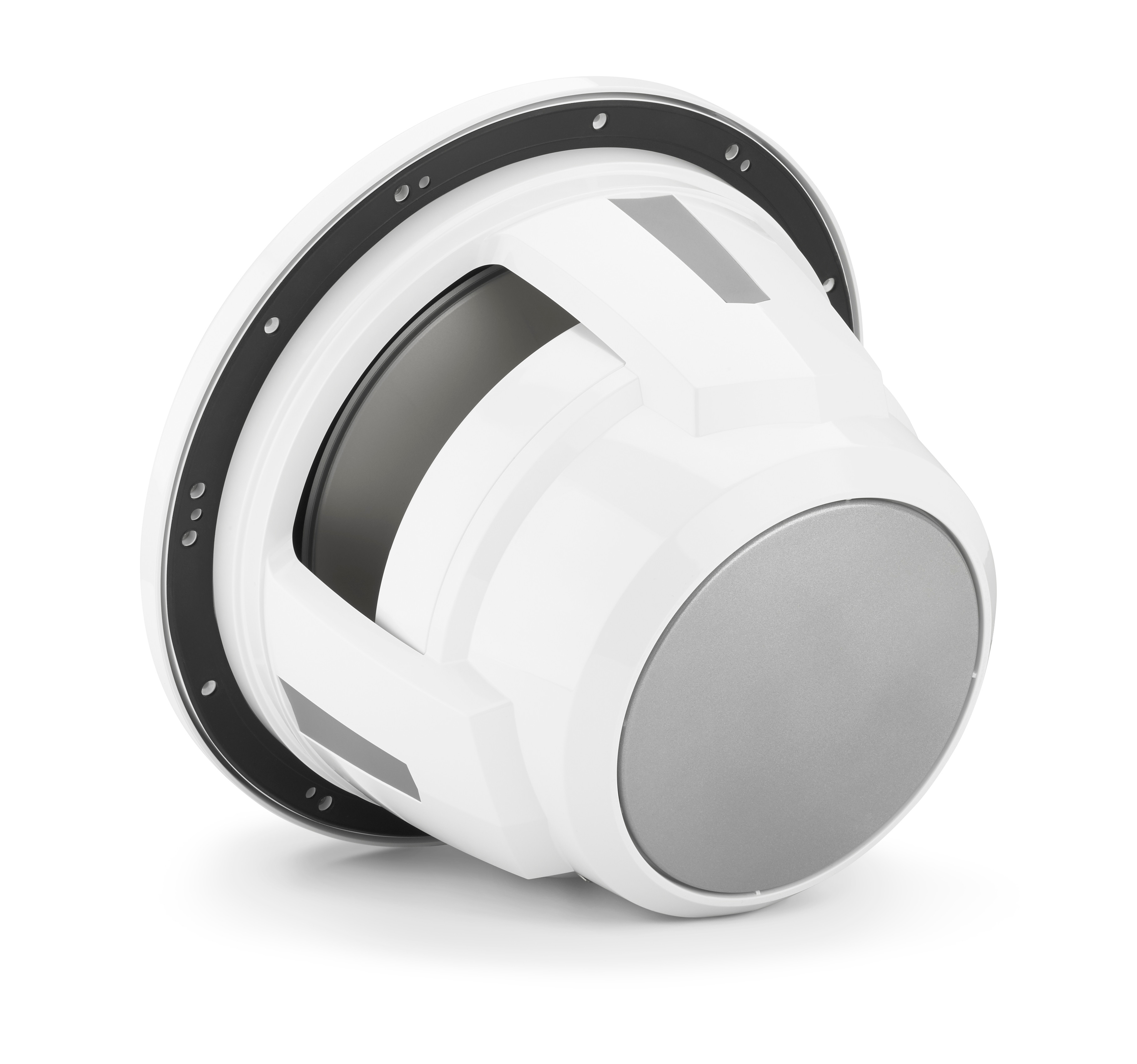 Ein weißer Subwoofer mit schwarzem Rand und grauem Mittelteil.