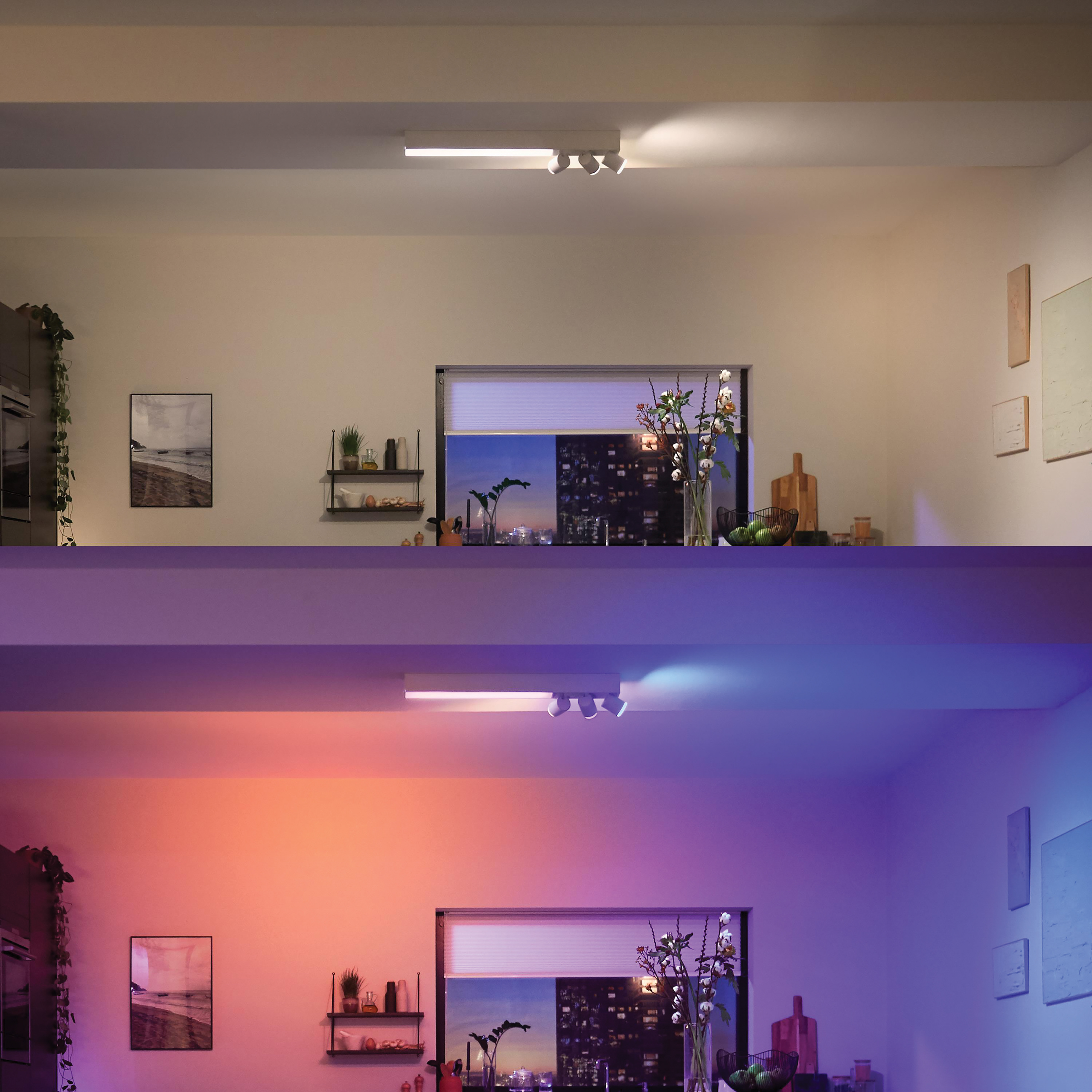 Interieur met railverlichting en raam. Eén toont warm licht, de ander koel.