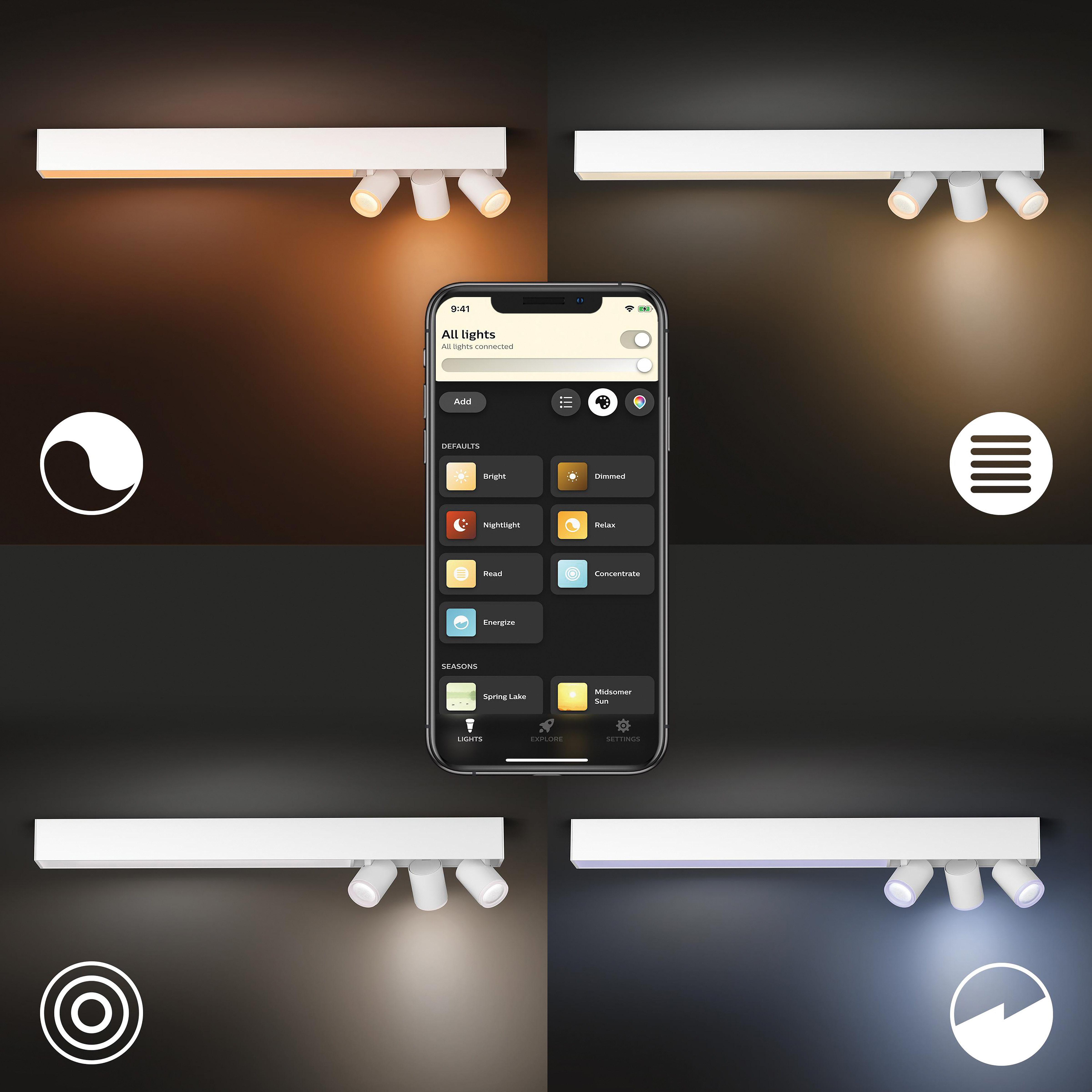 Vier afbeeldingen met slimme lampen met verschillende kleurtemperaturen, bediend door een telefoon.
