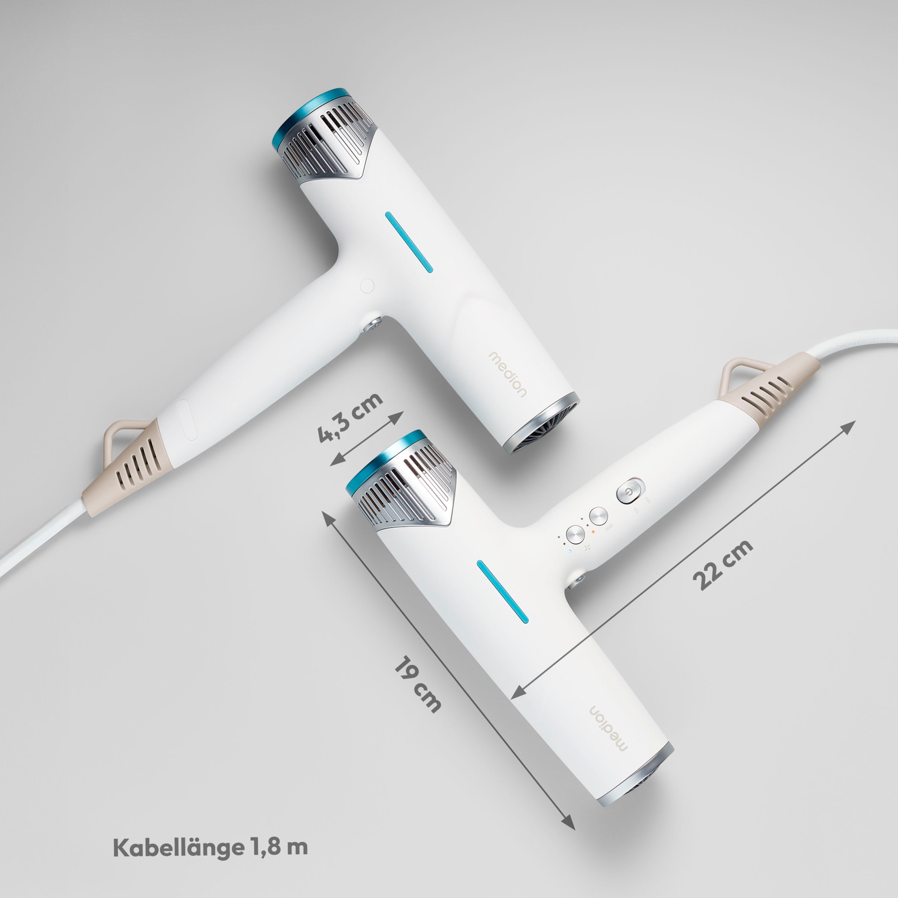 Dwie białe suszarki do włosów, jedna z wymiarami, a druga pod kątem. Obie są białe.