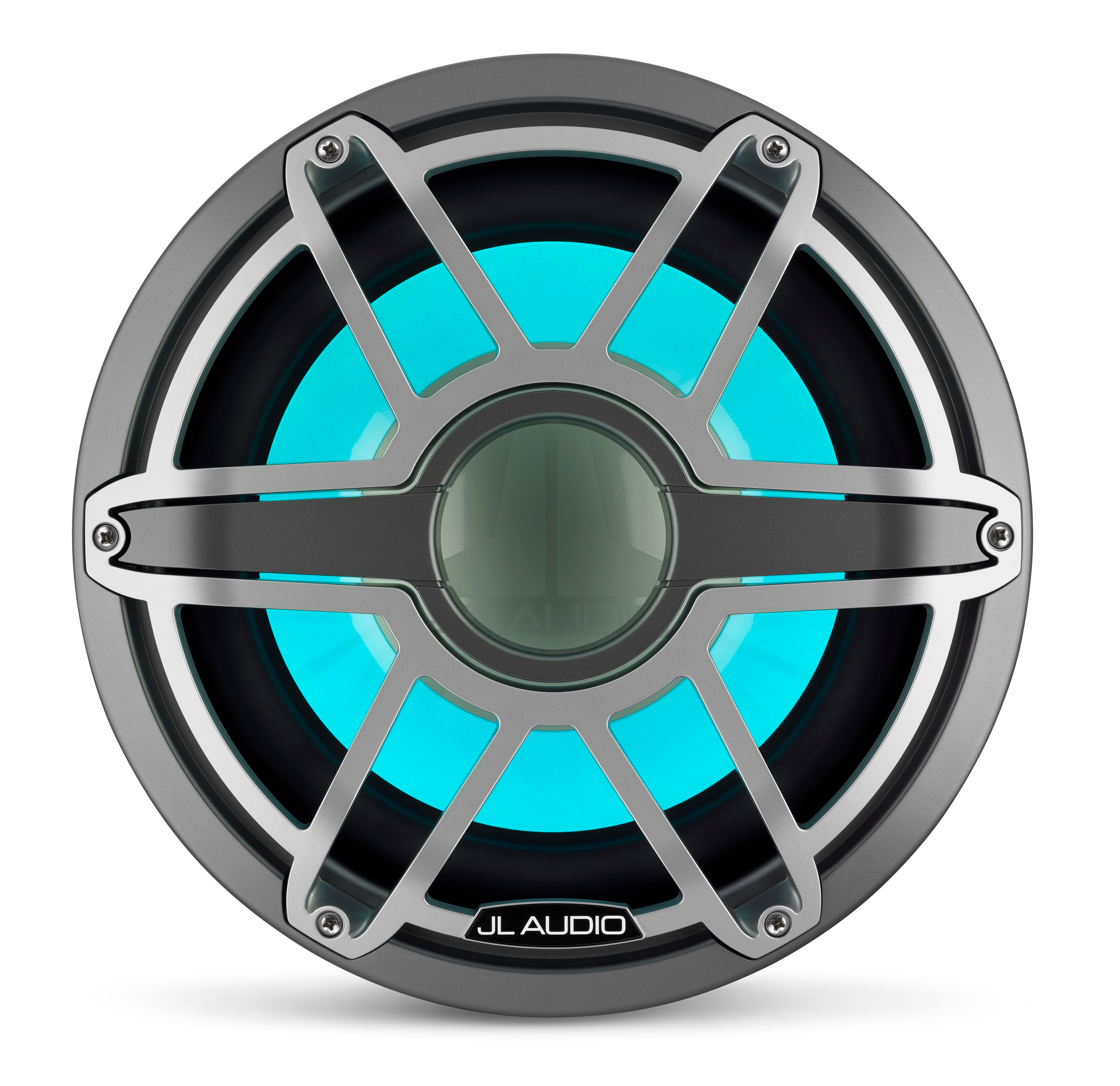 Runder Subwoofer. Schwarzes Zentrum und silberner Metallgrill. Blaue und weiße Beleuchtung.