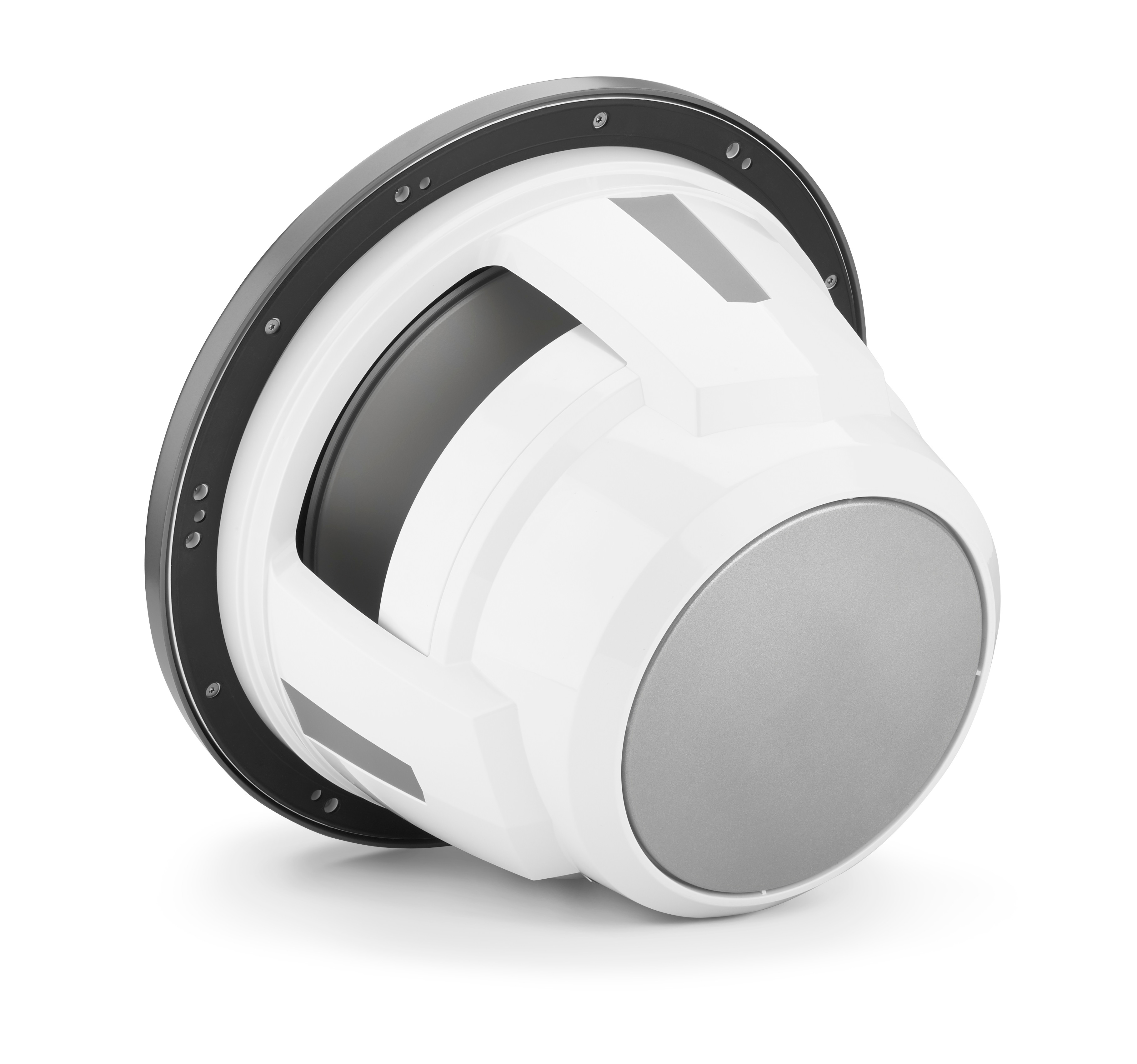 Weißer Subwoofer, rund mit schwarzem Rand. Der Lautsprecher zeigt nach oben.