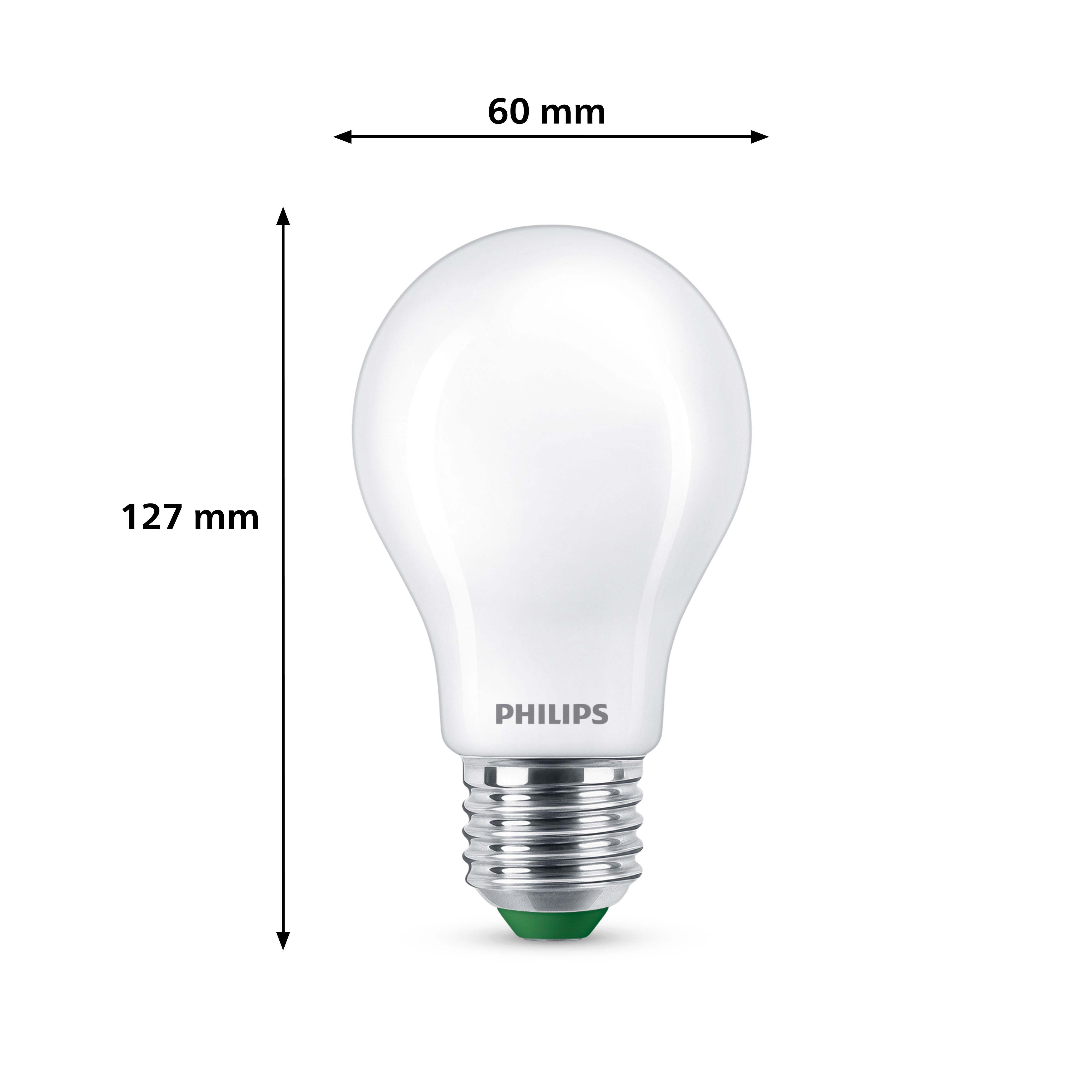 Ampoule blanche avec dimensions: 127mm de haut et 60mm de large, avec le texte 'PHILIPS'.
