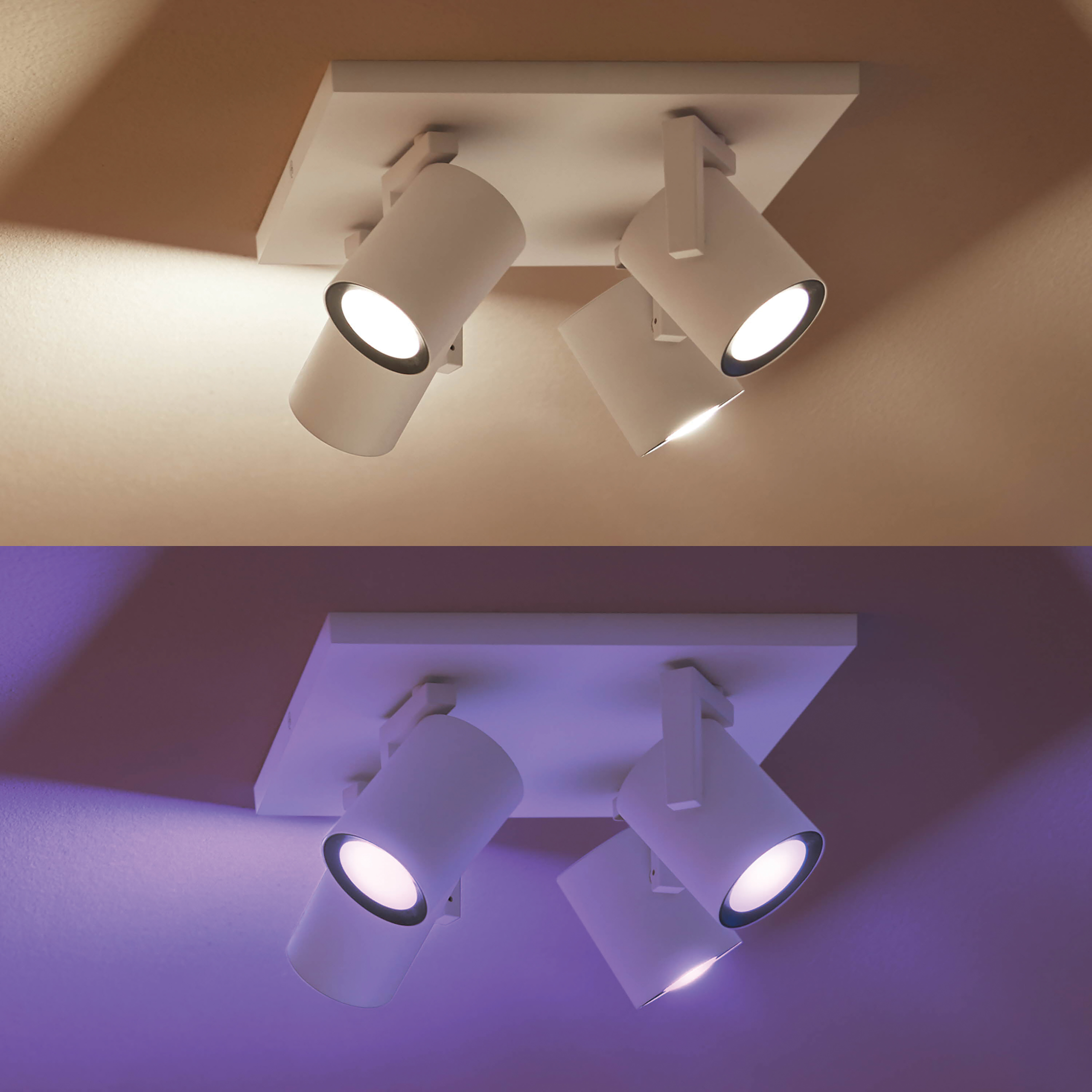 Plafondverlichting met drie spots, met twee kleurenschema's voor de verlichting.