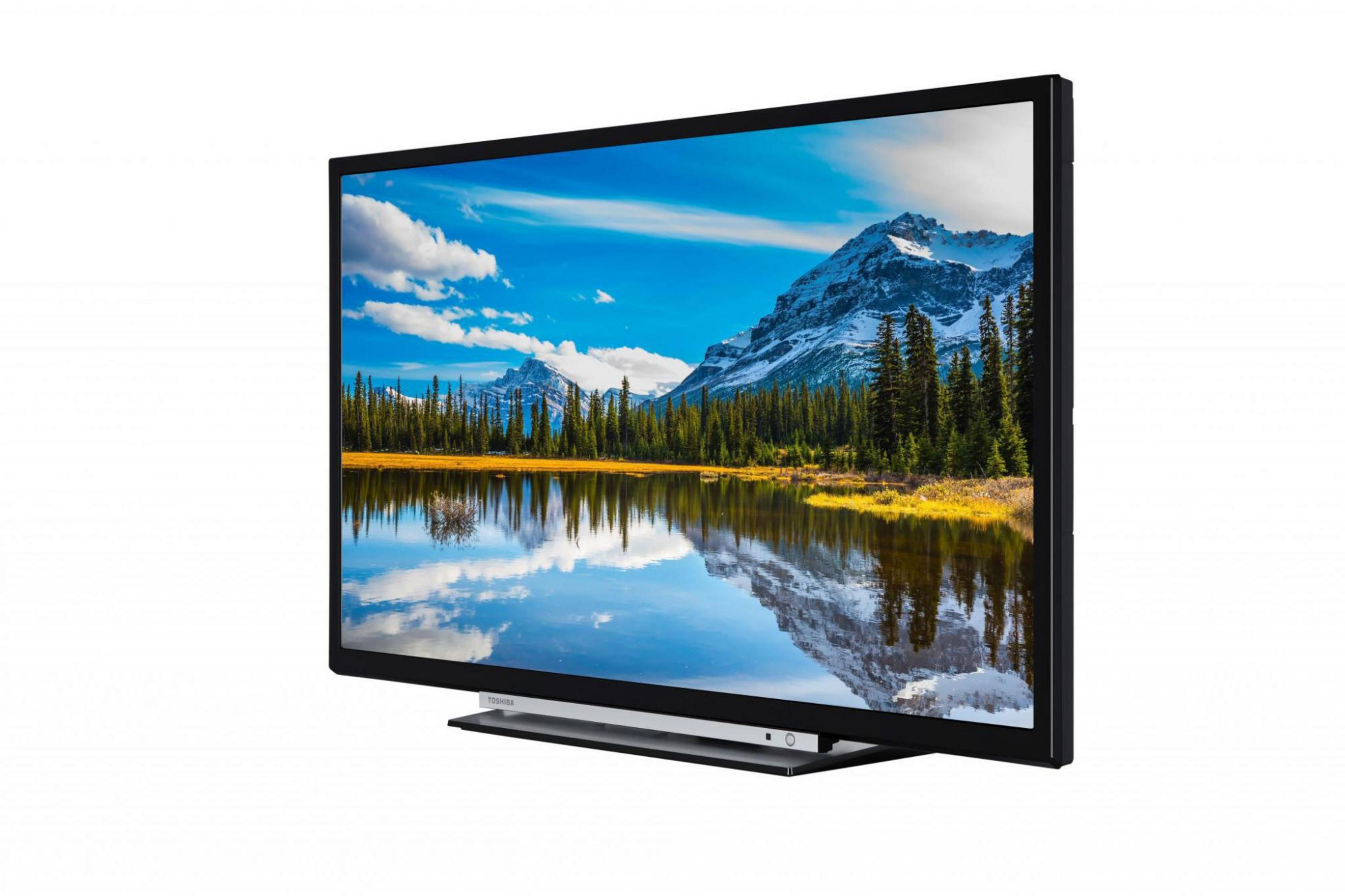 Schermo TV che mostra un paesaggio montano con lago.