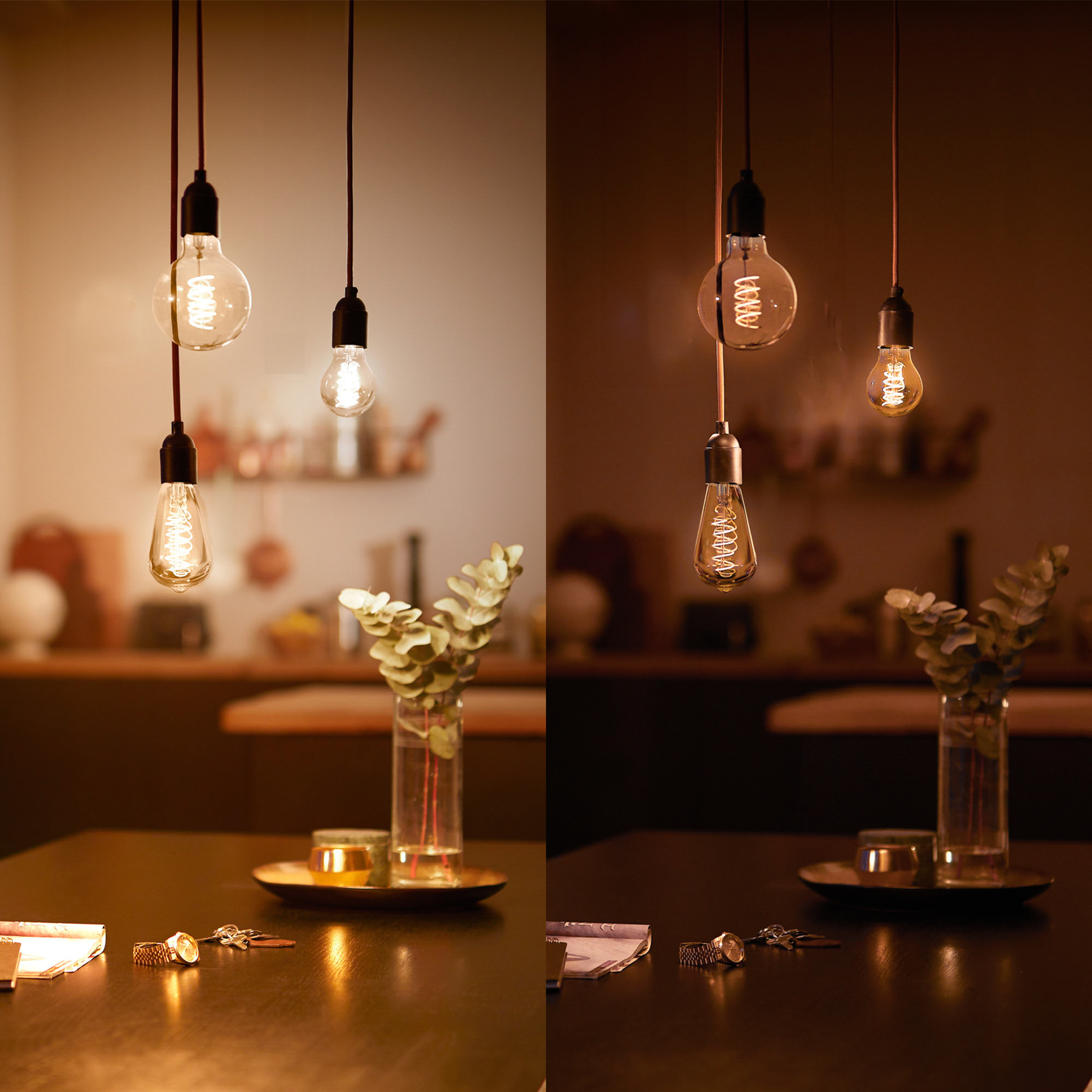 Two images of hanging light bulbs. One image shows warm light, the other shows a cooler color.