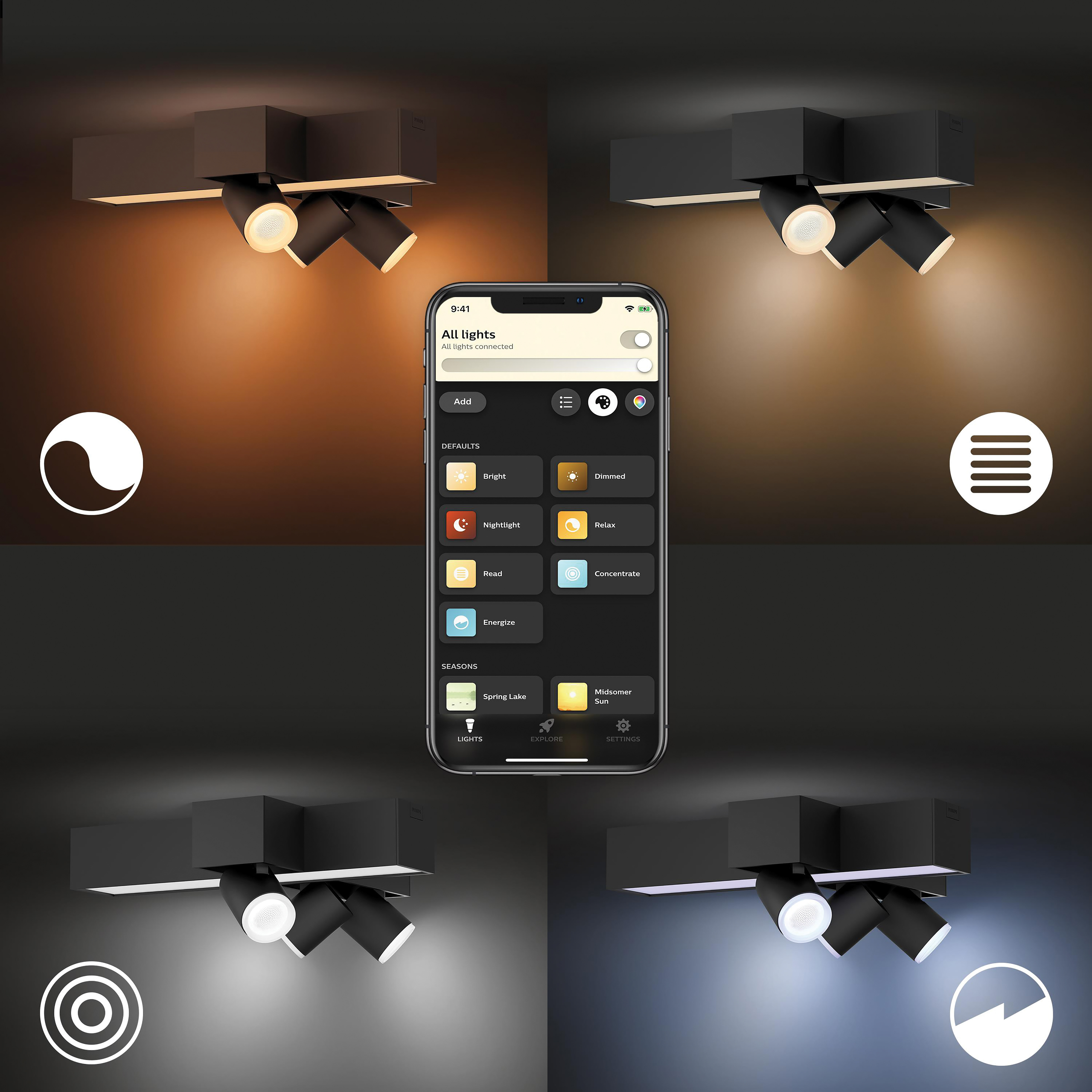 Vier zwarte spots met verschillende lichtinstellingen, bestuurd door een telefoon.