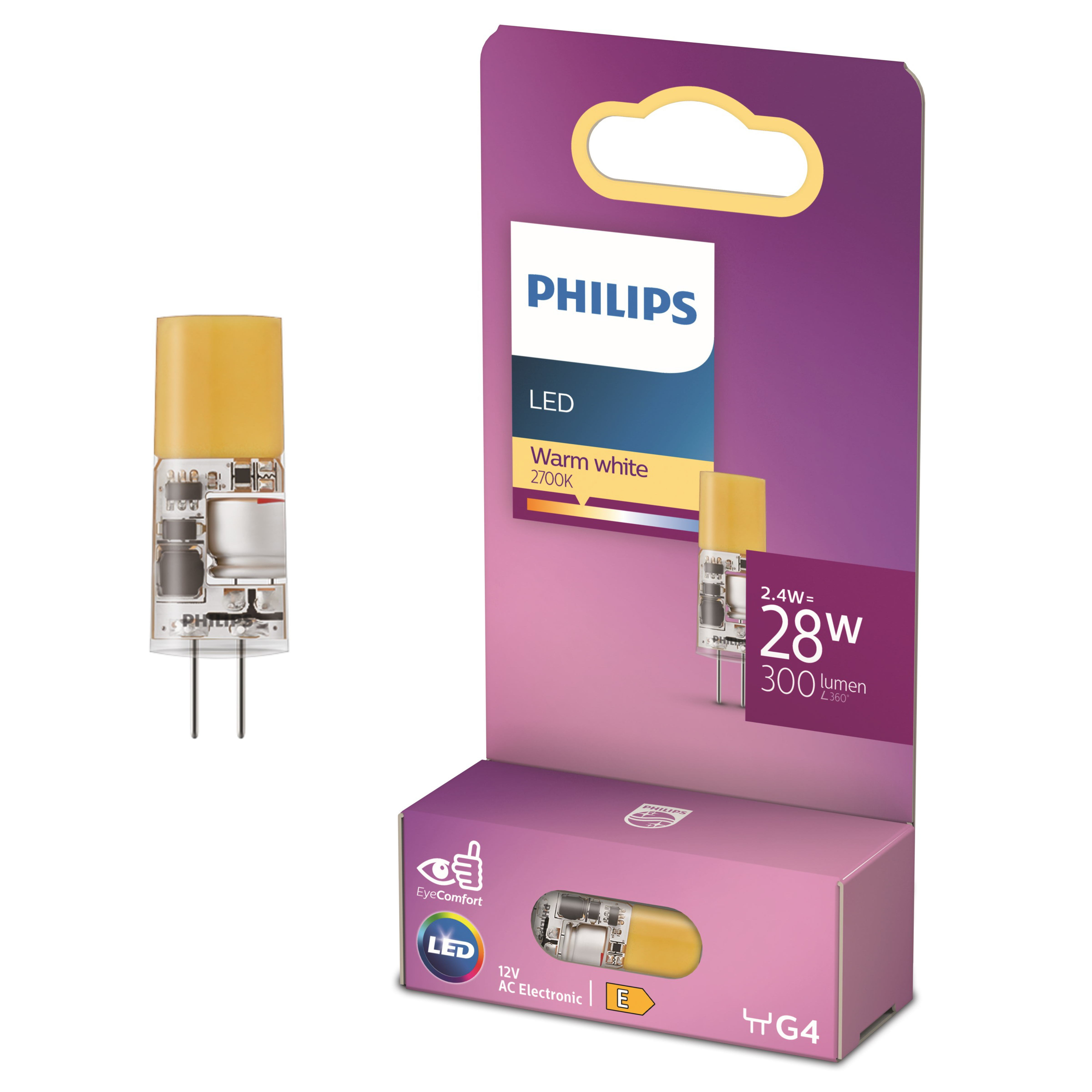 Philips LED-Glühbirne und Verpackung. Warmweiß, 2700K, mit G4-Sockel.