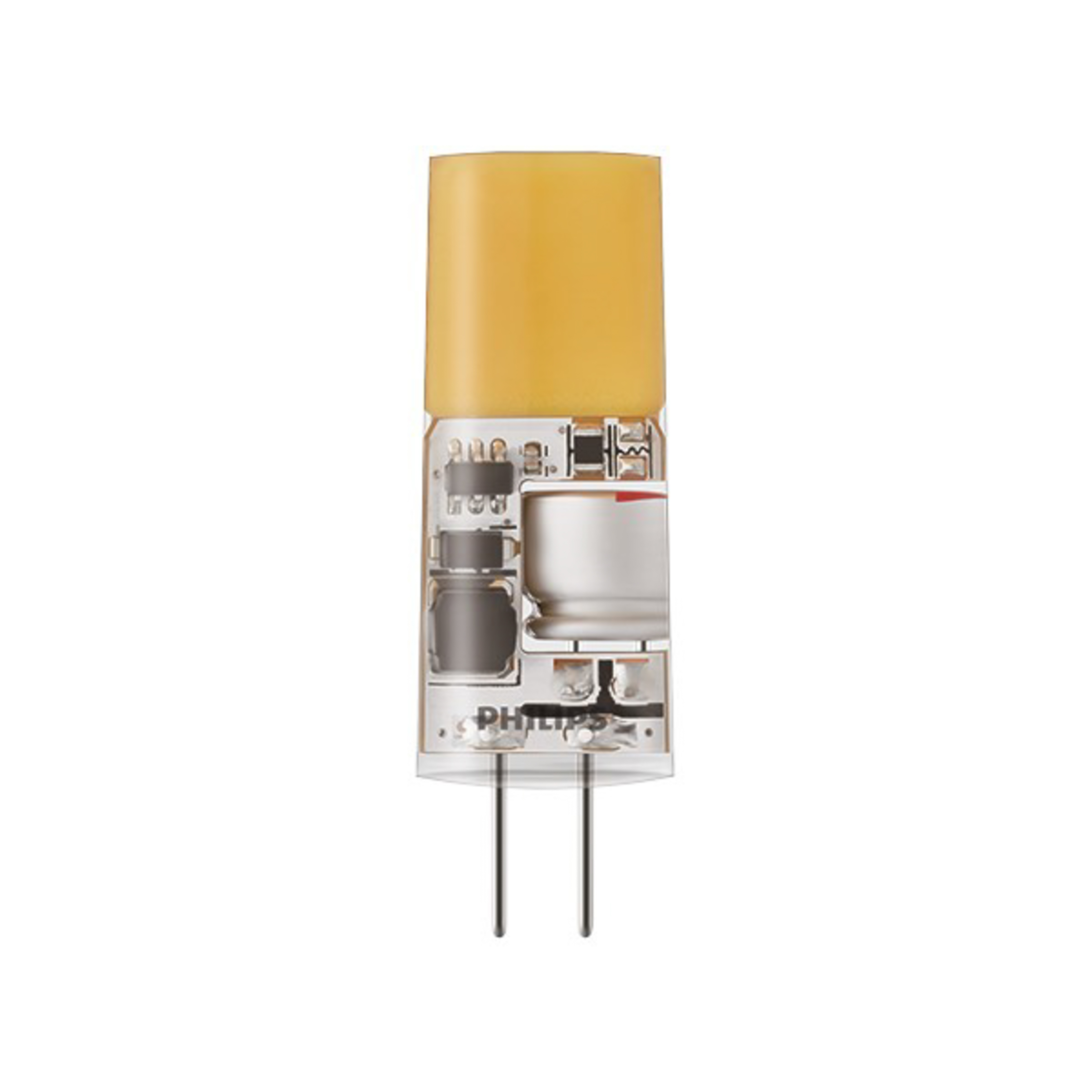 Nahaufnahme einer Philips LED-Lampe mit zwei Stiften und gelbem Licht. Sie hat verschiedene interne Komponenten.
