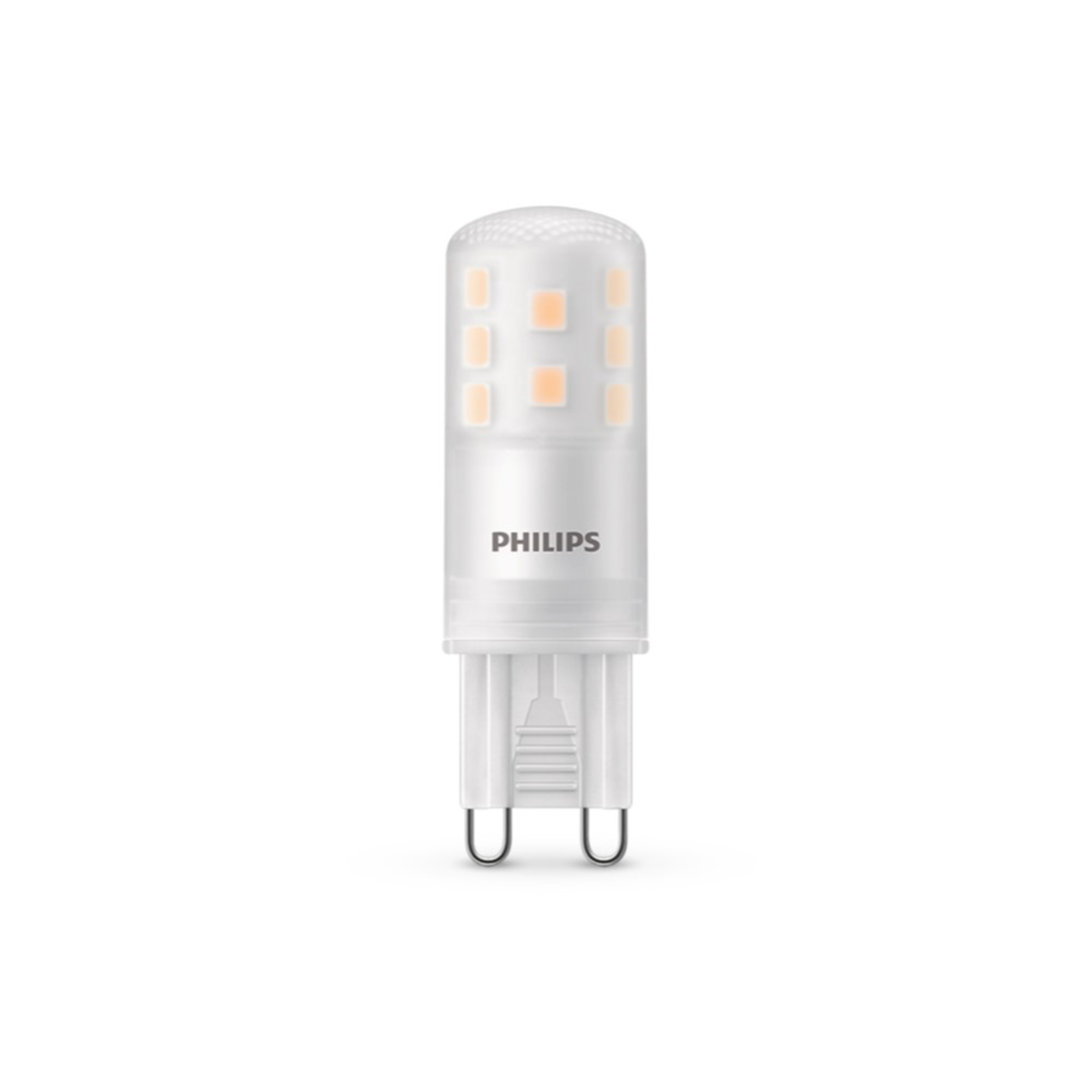 Una lampadina LED Philips con copertura trasparente e due pin nella parte inferiore. Emette una luce bianca soffusa.