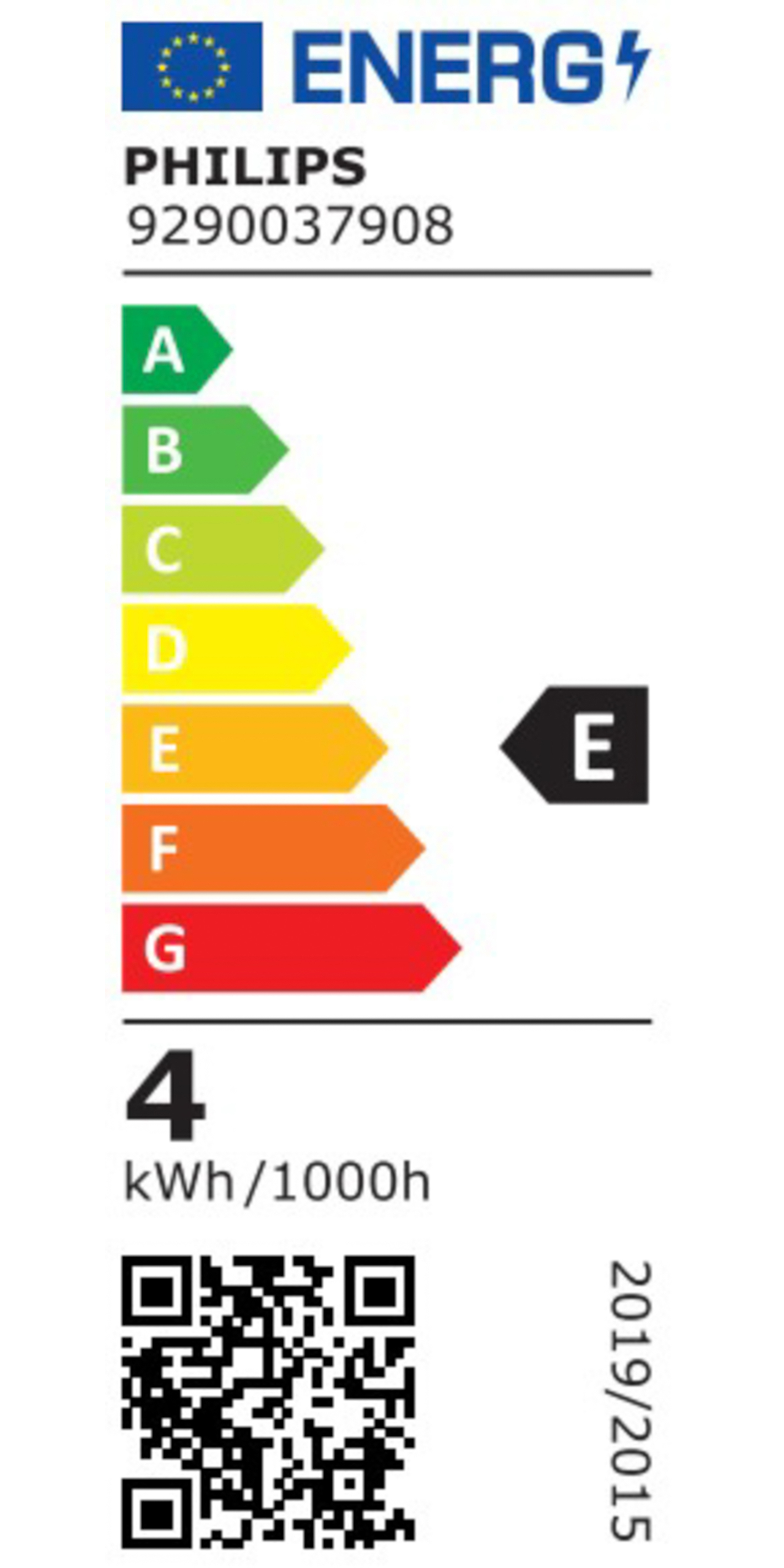Etichetta energetica per la luce LED Philips. Mostra la classe energetica E e 4 kWh/1000h. Il codice QR è presente.