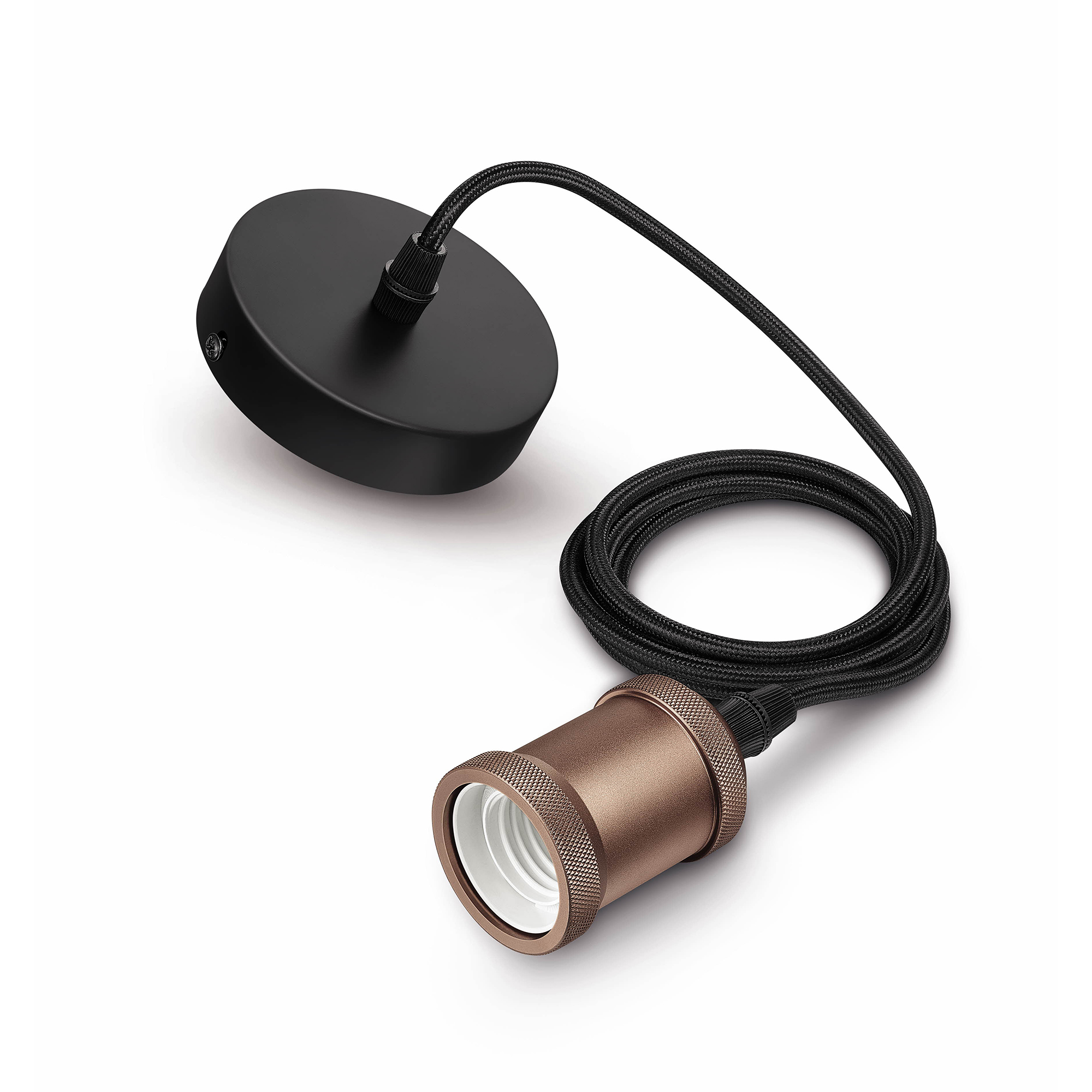 A black ceiling light fixture with a brown metal lamp holder and a black cord.