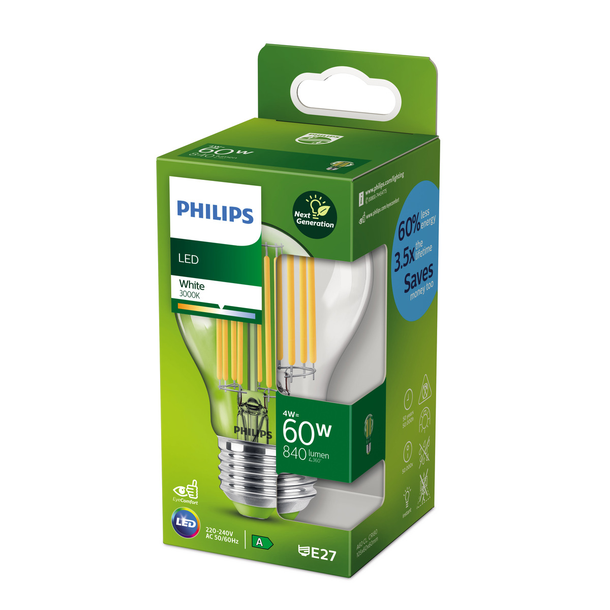 Una lampadina LED Philips nella confezione. La confezione è verde e bianca, con testo e immagini della lampadina.