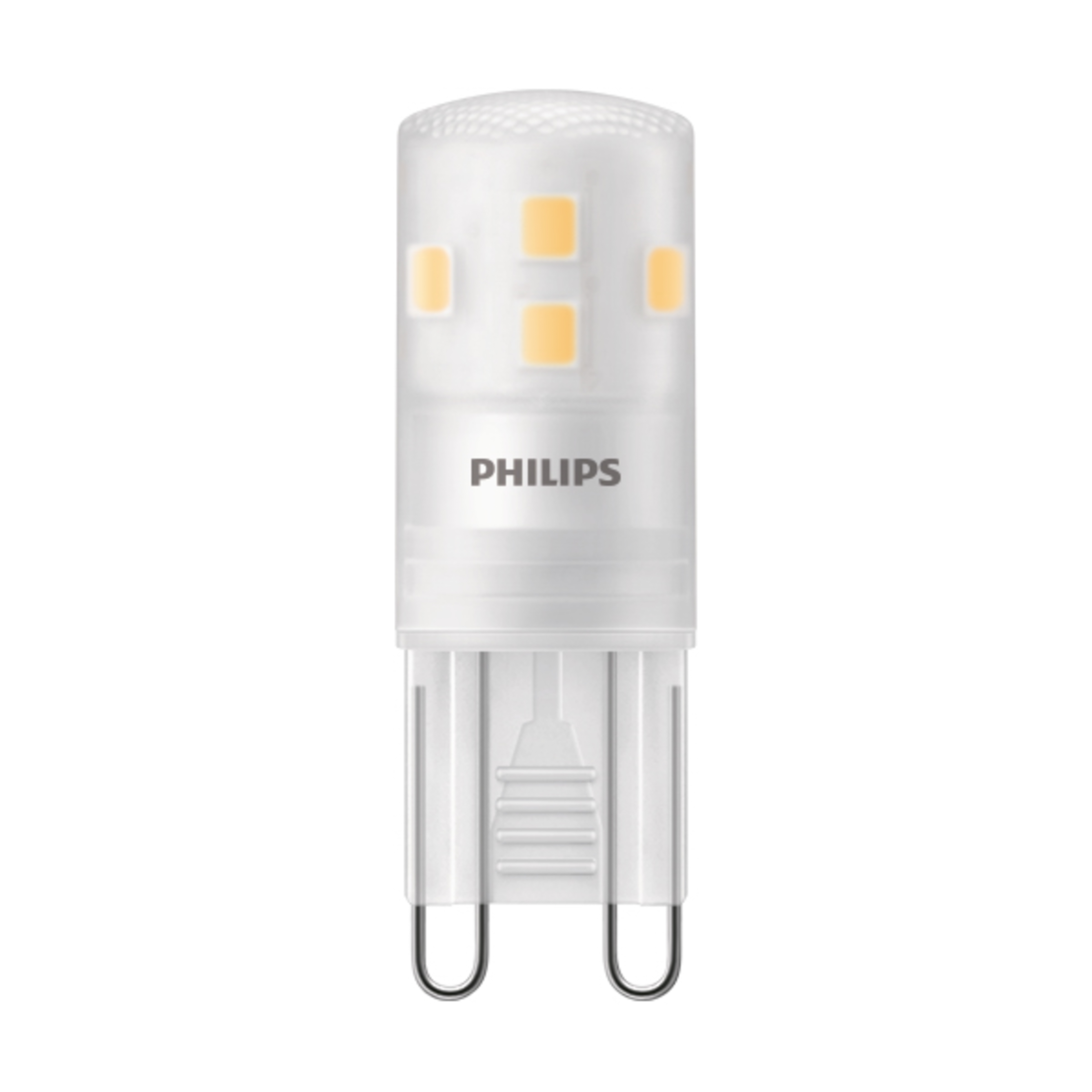 Una lampadina trasparente con etichetta Philips, contenente diversi LED gialli.