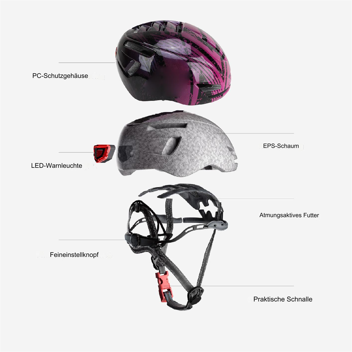 Fahrradhelm-Komponenten: Schale, Licht, Schaum und Riemen, auf weißem Hintergrund.