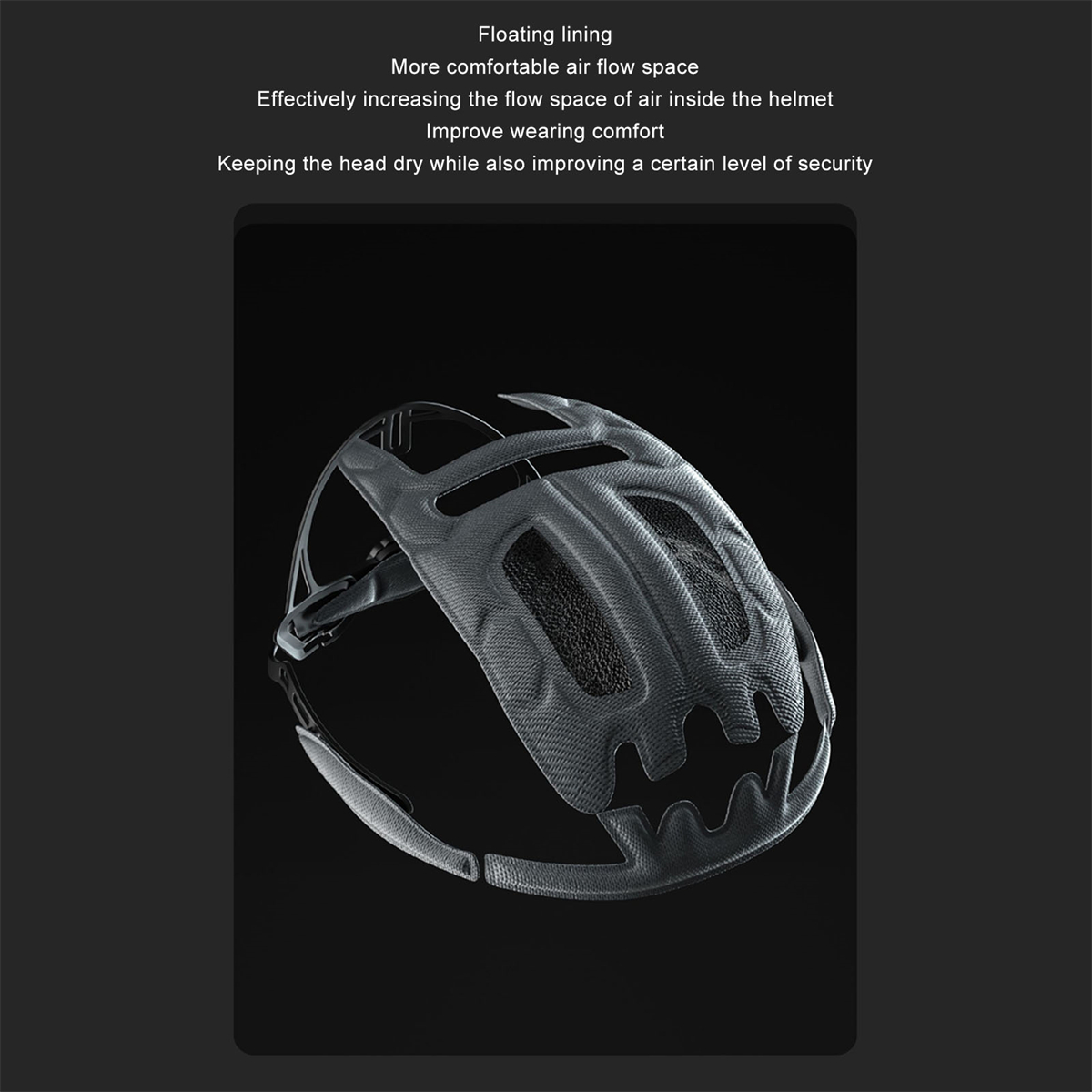 Schwarzer Helm-Innenraum mit Text, der Luftstrom- und Komfortmerkmale hervorhebt.