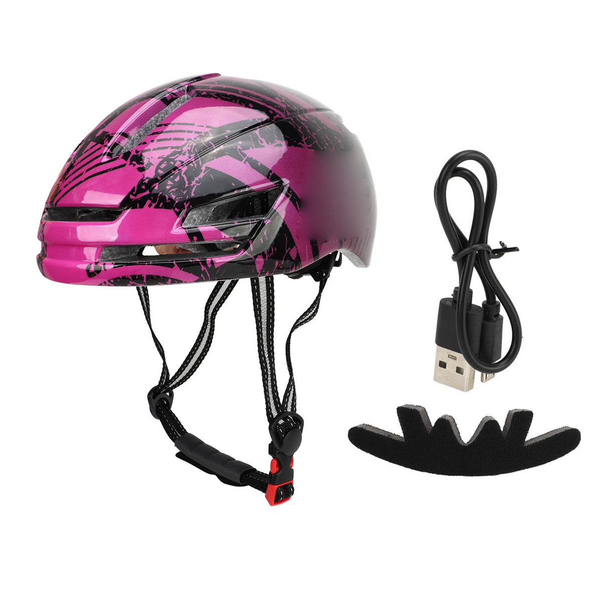 Pinker und schwarzer Fahrradhelm mit Riemen und einem USB-Ladekabel und Pad.