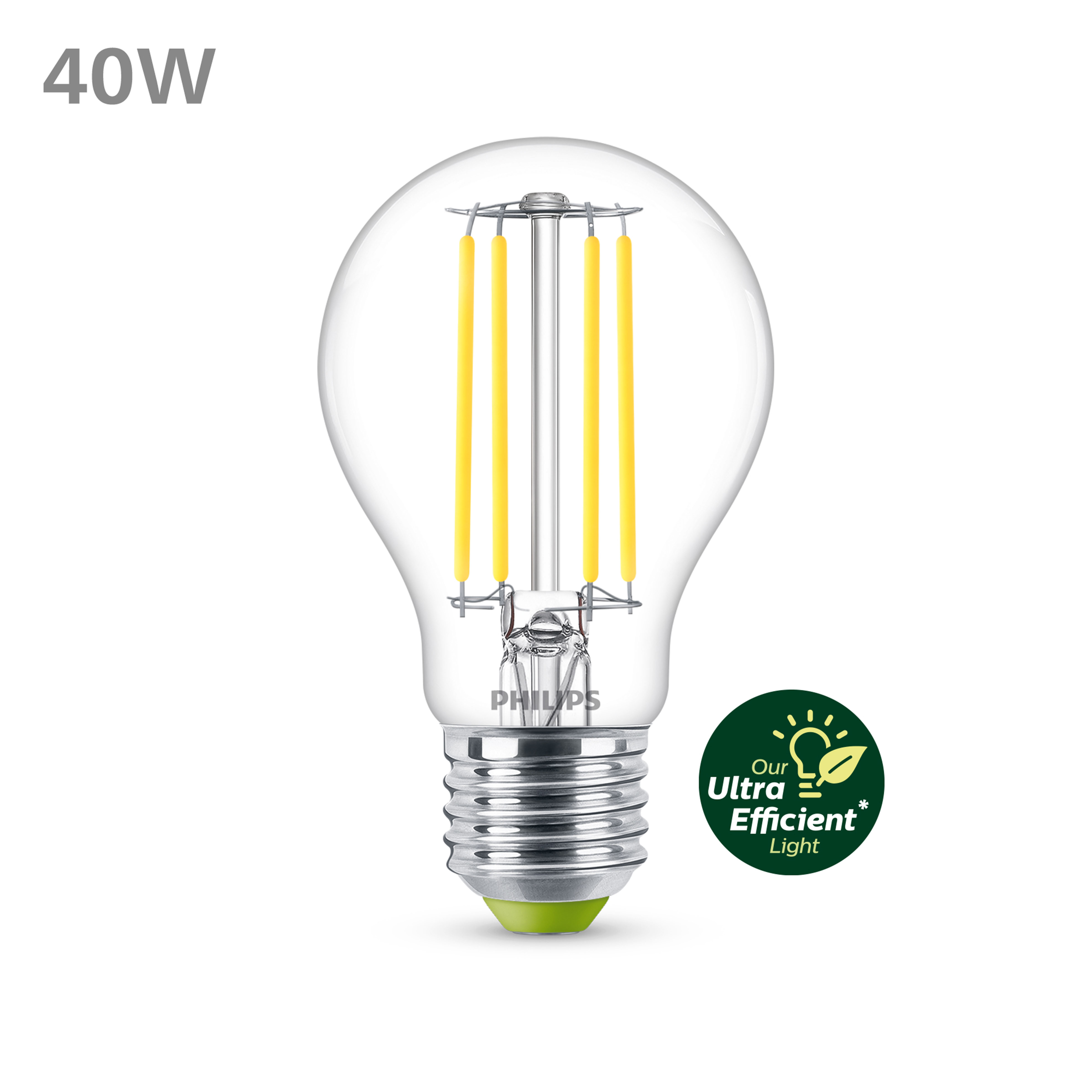 Une ampoule LED Philips transparente avec des filaments jaunes verticaux et une base verte.