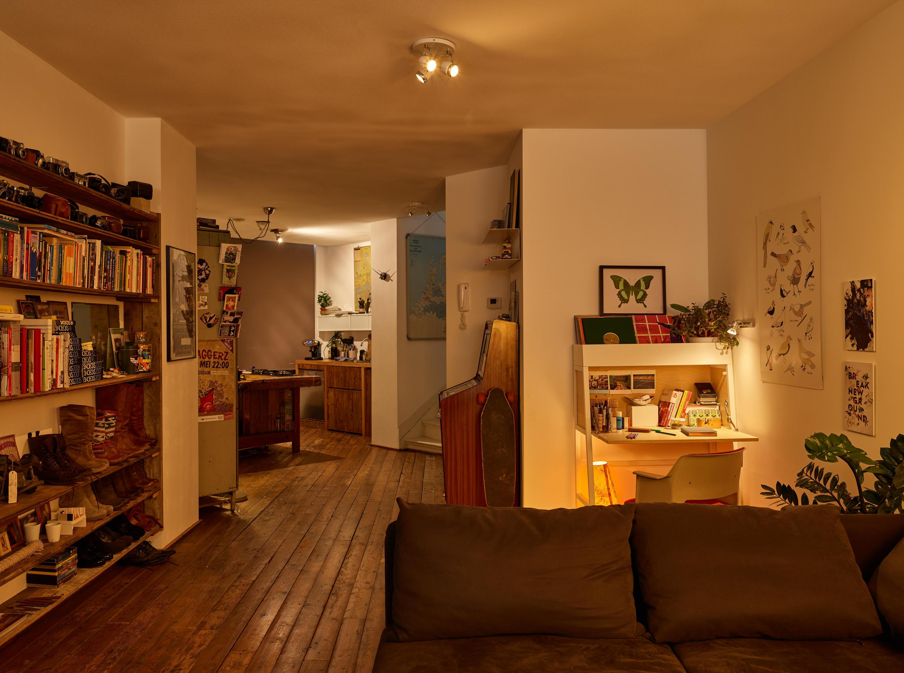 Wohnzimmer: Holzboden, Bücherregale, Schreibtisch, Sofa und ein Flur.