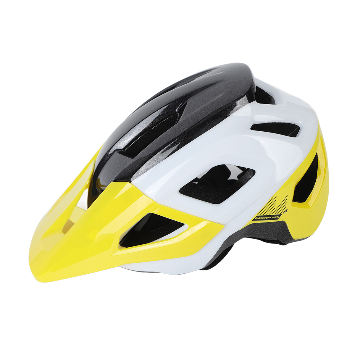 Ein gelber, weißer und schwarzer Fahrradhelm. Er hat ein Visier und ein Design an der Seite.