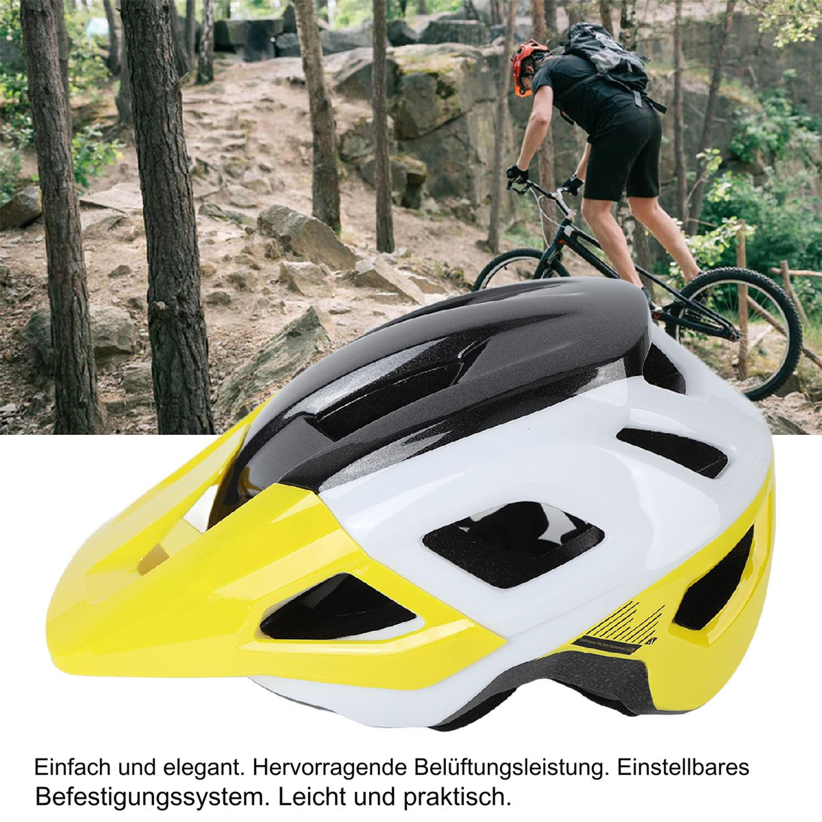 Weiß-gelber Fahrradhelm. Ein Radfahrer fährt im Hintergrund auf einem Trail.