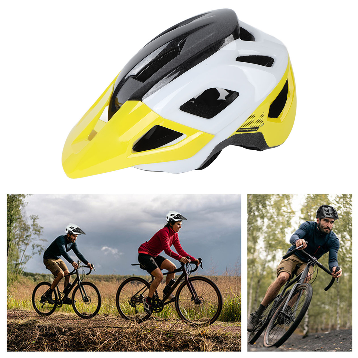 Weißer, gelber und schwarzer Fahrradhelm, plus drei Fotos von Radfahrern auf Fahrrädern.