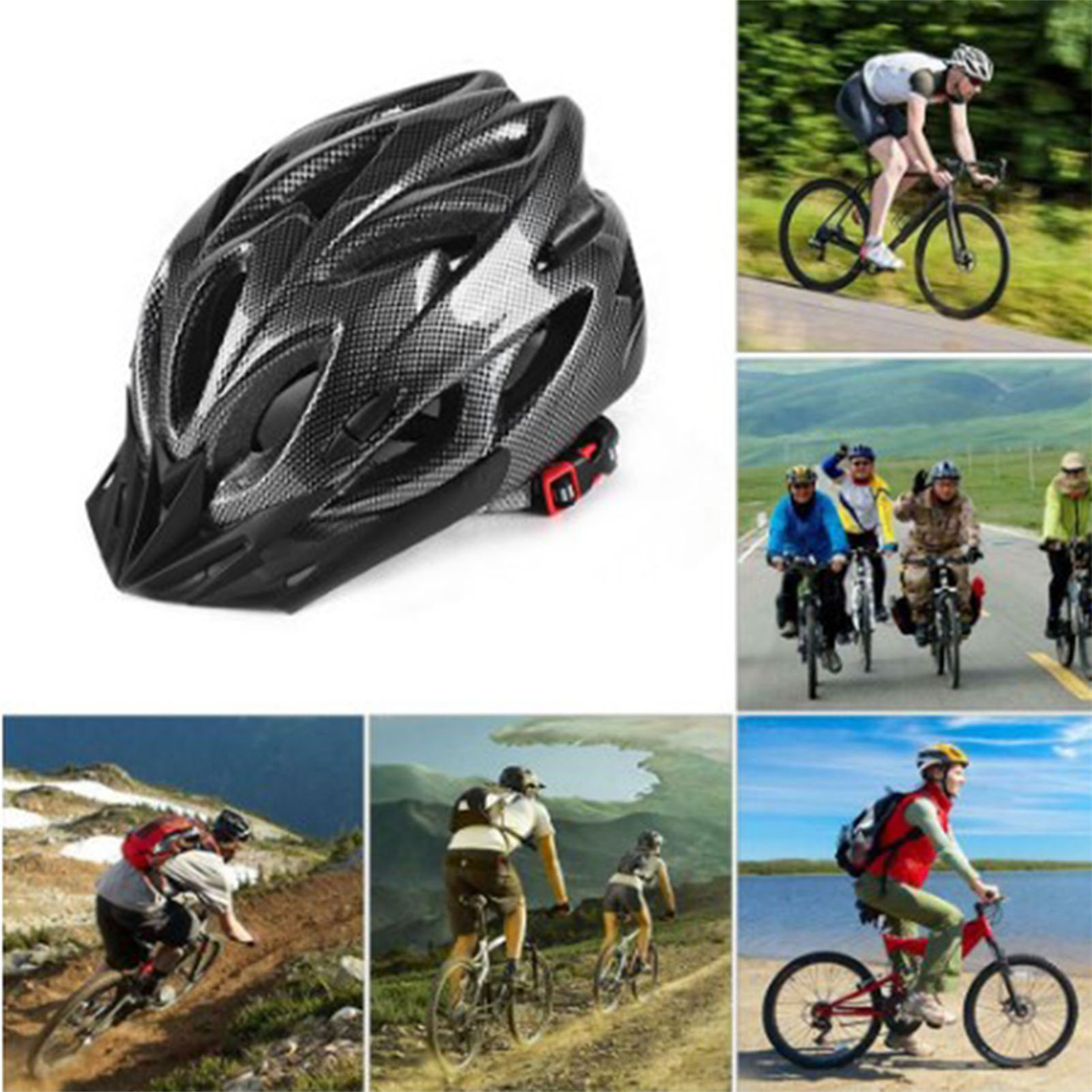 Schwarzer Fahrradhelm mit Belüftungsöffnungen. Bilder zeigen Radfahrer mit Helmen.