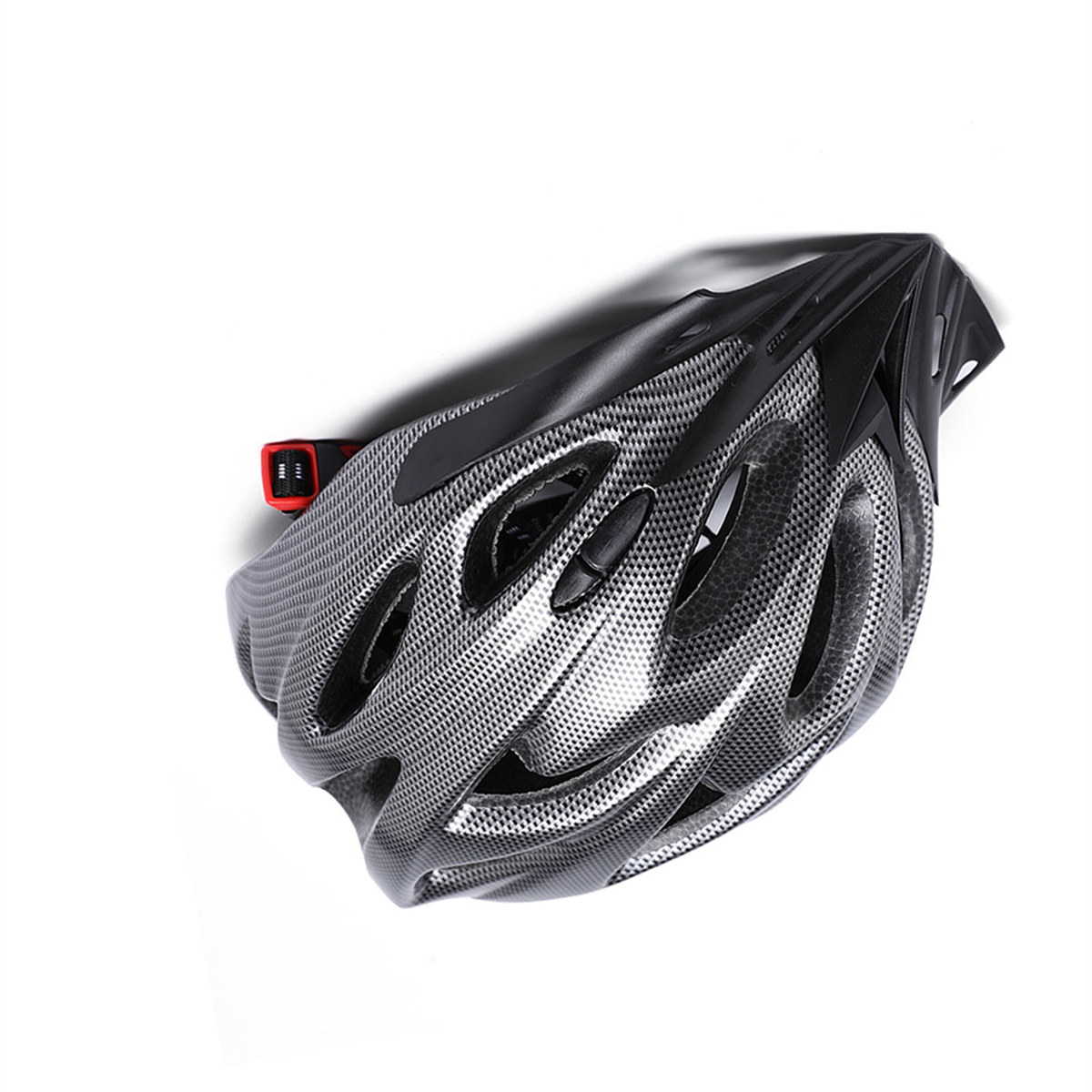 Schwarzer Fahrradhelm mit Belüftungsöffnungen, Visier und rotem Verstellriemen.