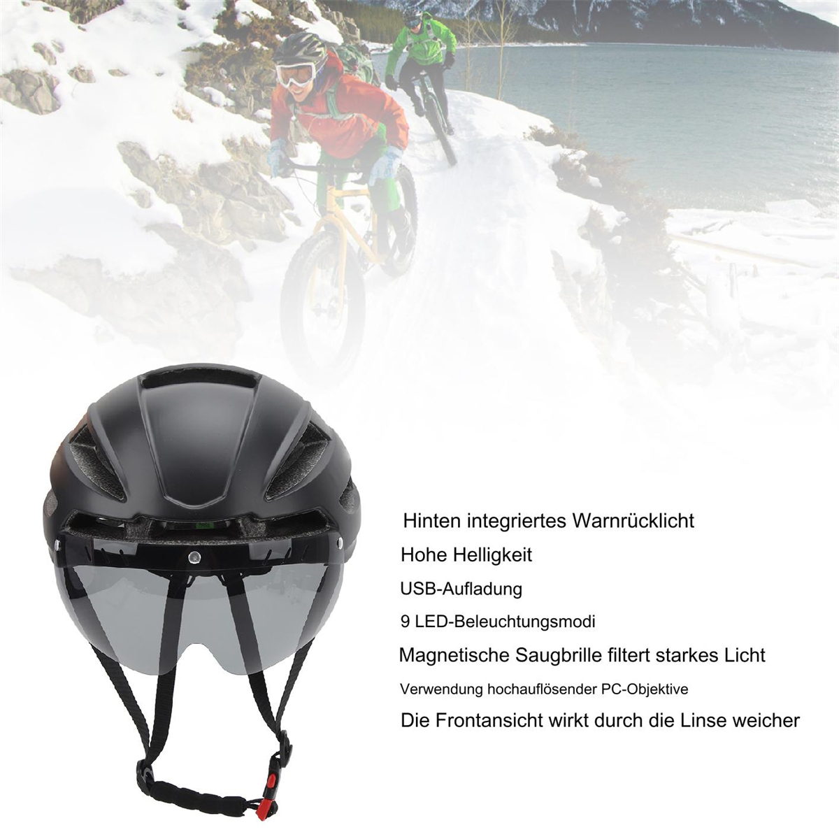Ein schwarzer Helm mit Visier. Radfahrer sind im Hintergrund.