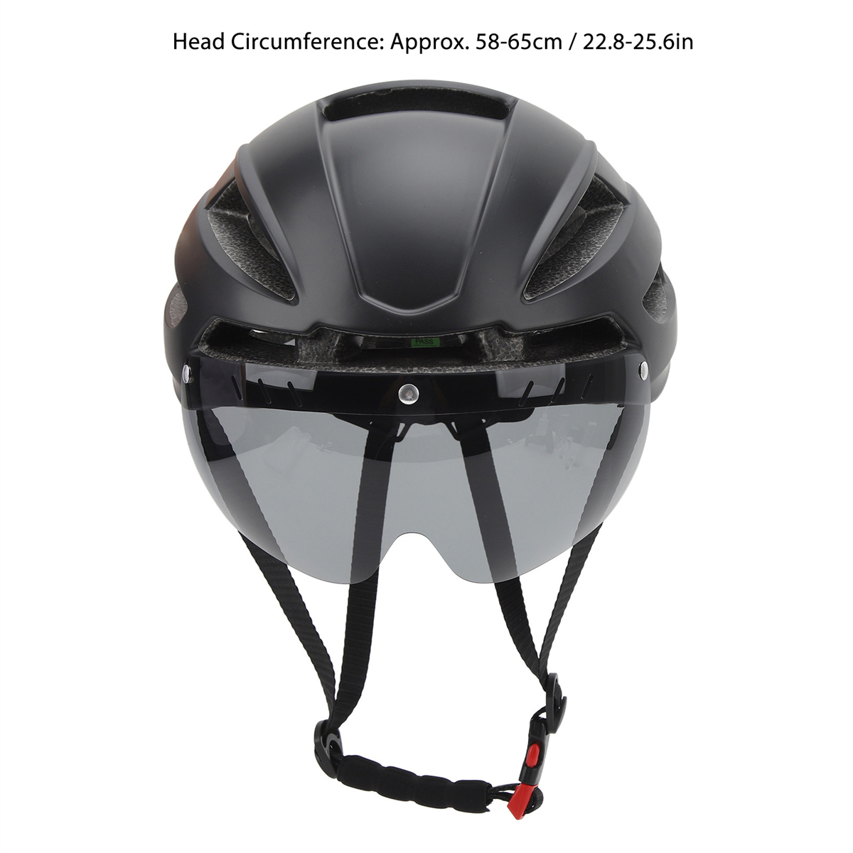 Schwarzer Fahrradhelm mit Visier. Kopfumfang: ca. 58-65cm / 22,8-25,6in.